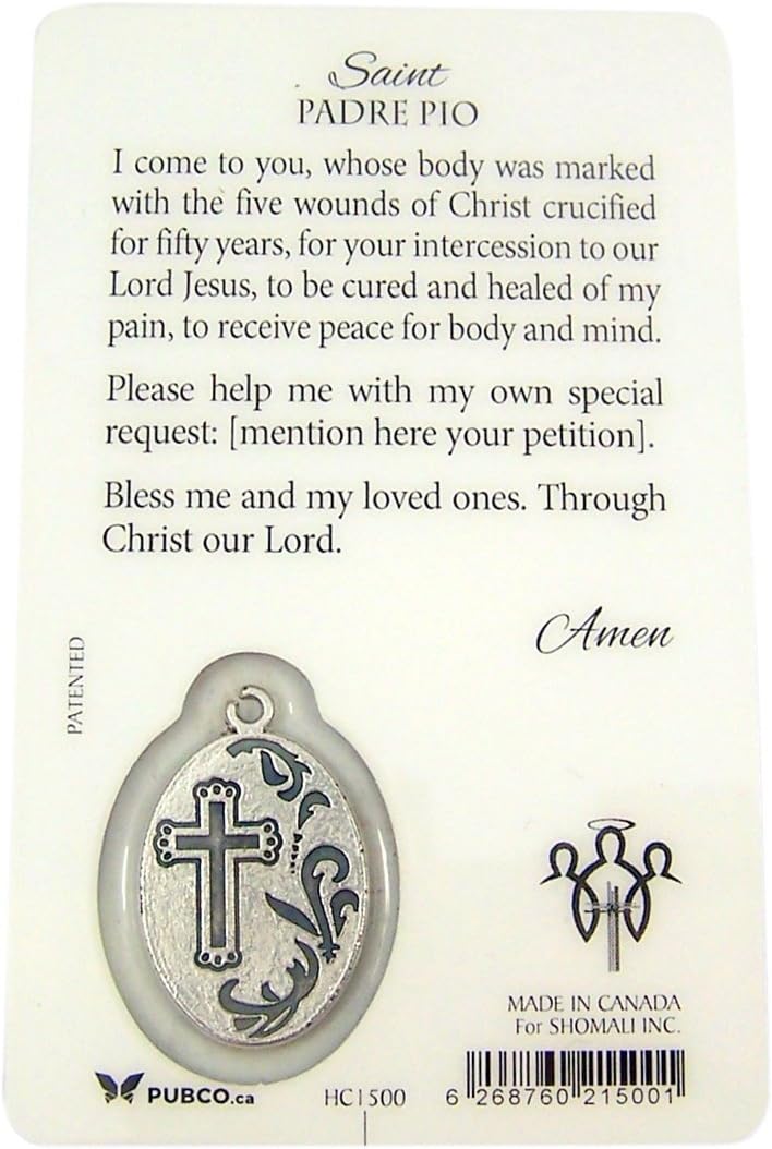 Silver Toned Saint Padre Pio Patron of Pain and Healing Medal with Holy Card, 1 Inch - Image 2