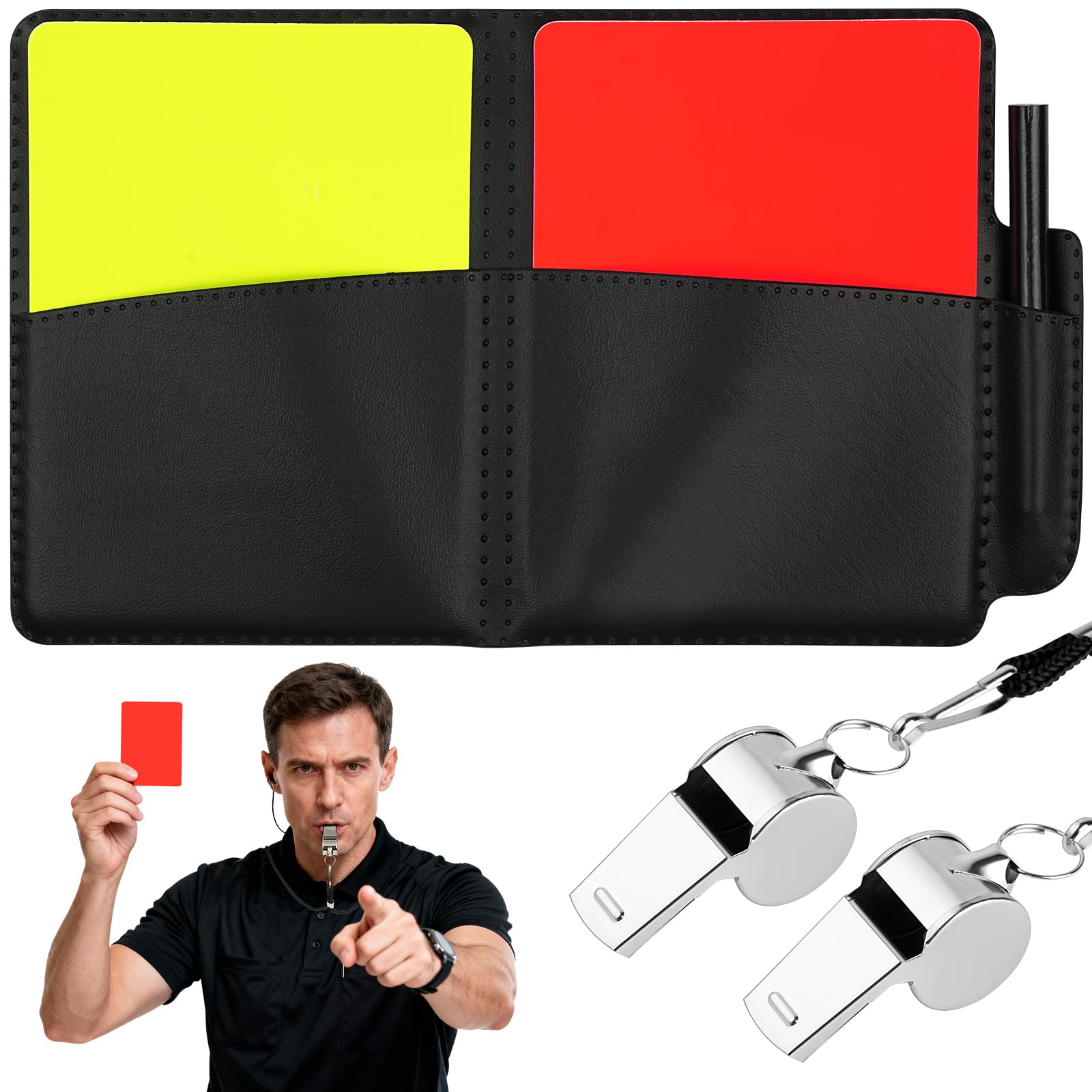 AYESY Schiedsrichter Set, FußBall Schiedsrichter Karten Schiedsrichter Pfeifen Set, Rote und gelbe Karten mit 2 Trillerpfeife und Umhängeband, Ergebnisbögen und Bleistift für FußBallspiel Schulsport
