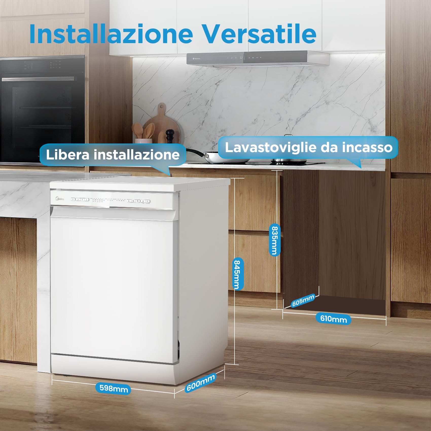 Midea MDWPF1333CW-WD-EU Lavastoviglie Libera Installazione con 13 coperti, 8 Programmi, Partenza Ritardata, Funzione di Mezzo Carico, Asciugatura Extra - Bianco