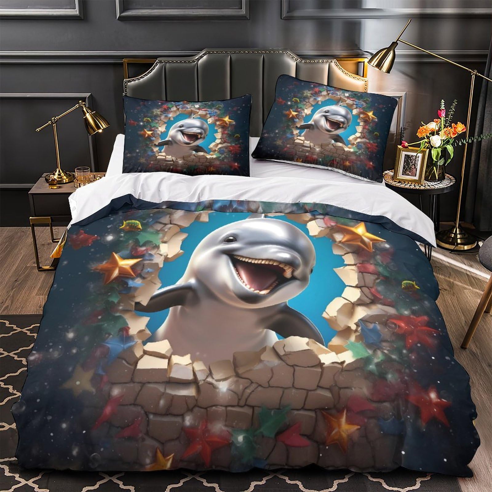 Housse de couette dauphin 3D microfibre hypoallergique 140x200