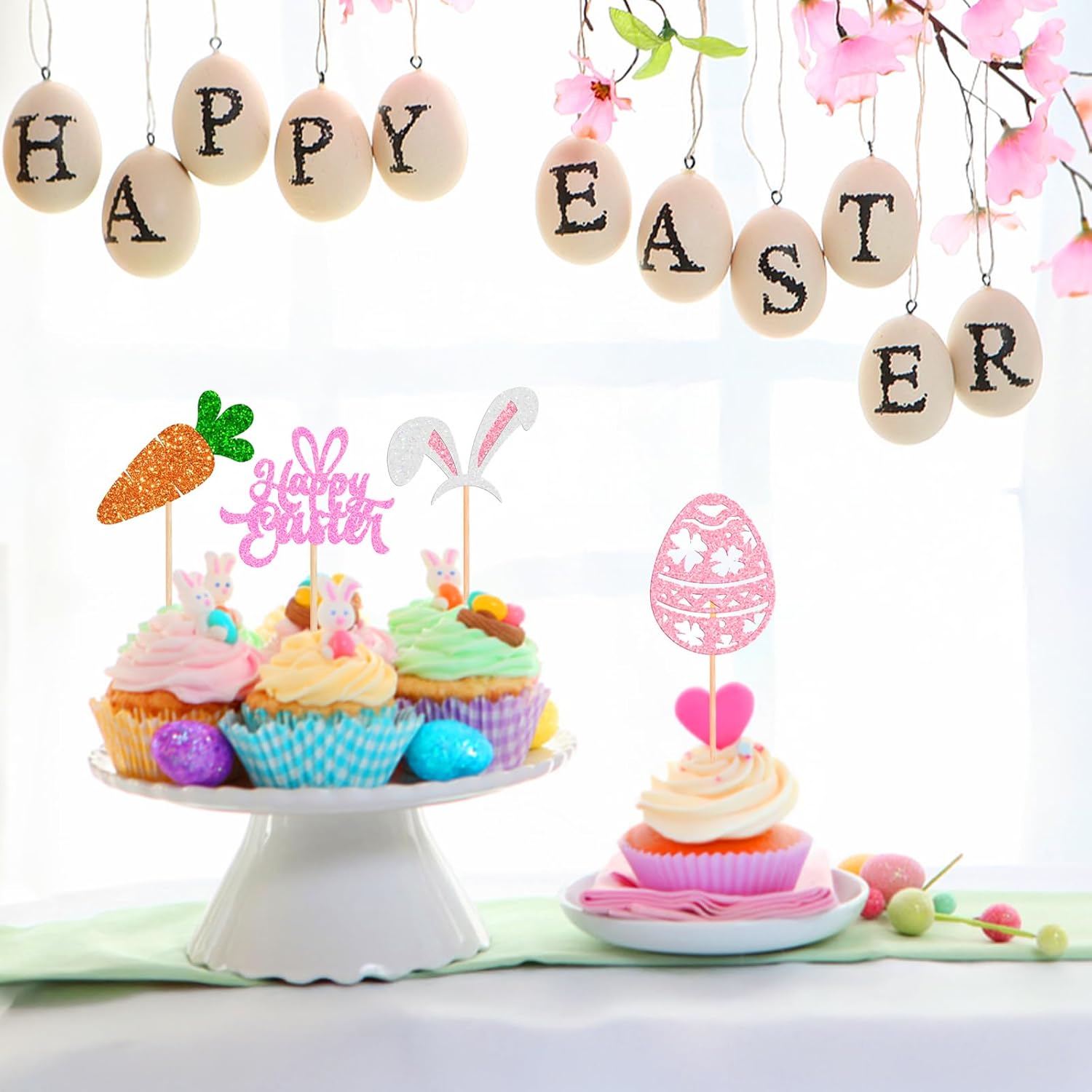 24 Pack Happy Easter Cupcake Toppers, Glitter Easter Egg Cake Decorations, Bunny Ear Cupcake Picks, Carrot, Rabbit Cake Toppers for Easter's Day Theme Spring Birthday Baby Shower Party Supplies