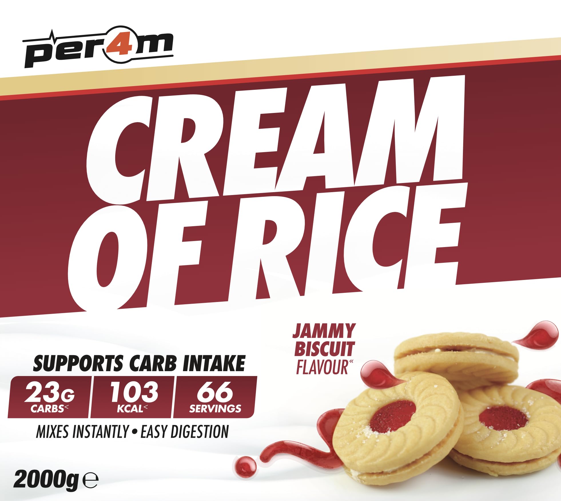 Per4m Cream Of Rice, Glucides Complexes pour Énergie Durable, Prise de Masse et Digestion Facile, Complément Musculation Endurance, Performance et Collation Sportive Premium – Jammy Biscuit – 2kg