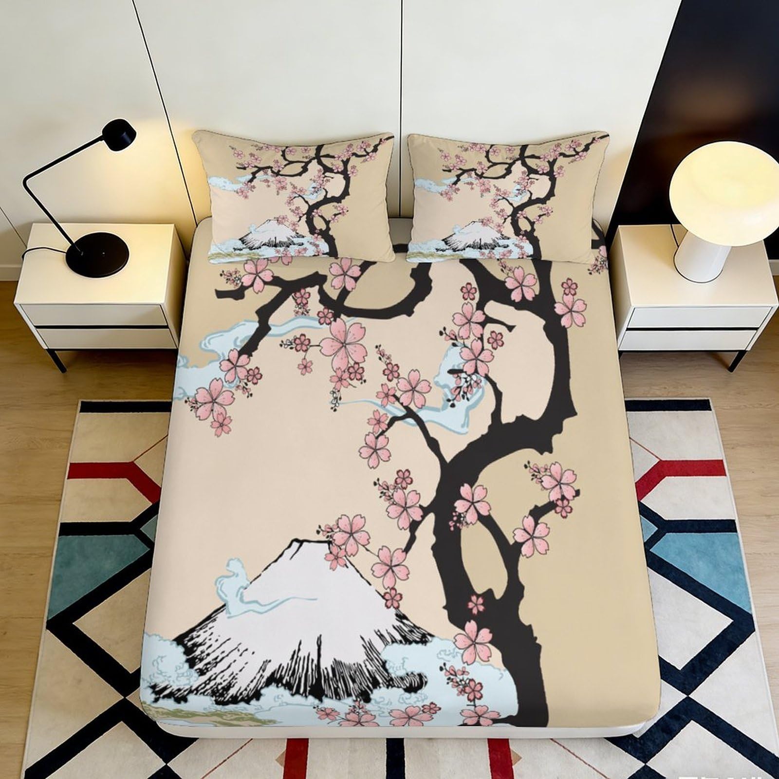 3D Printed Sakura Blossom Fitted Sheet Microfiber Soft Beige Mount Fuji Mattress Cover for Bedroom Apartment Dorm Decor 90x200x25cm
