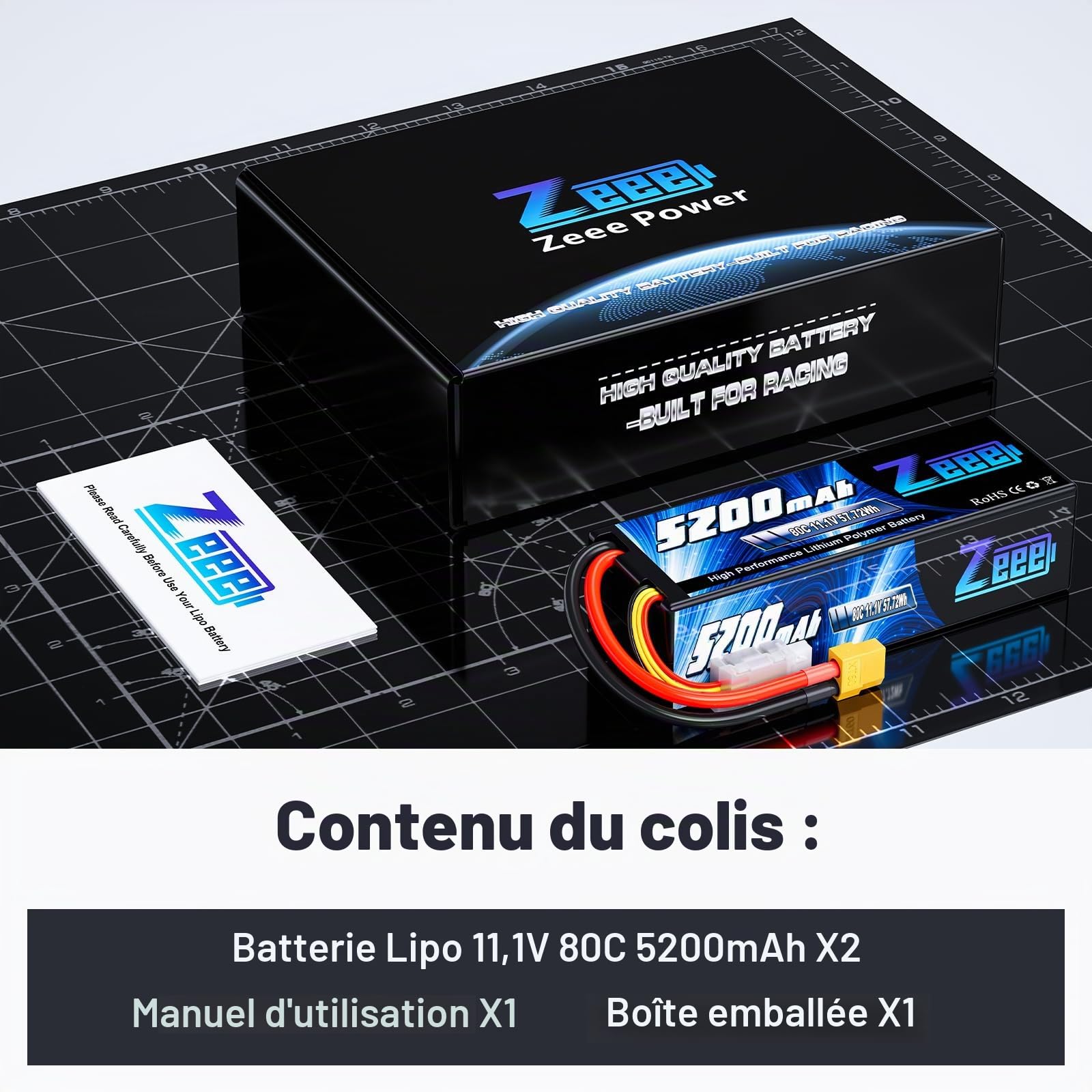 Zeee 3S Lipo Batterie 5200mAh 11.1V 80C Hardcase avec Prise XT60(2 Paquets)