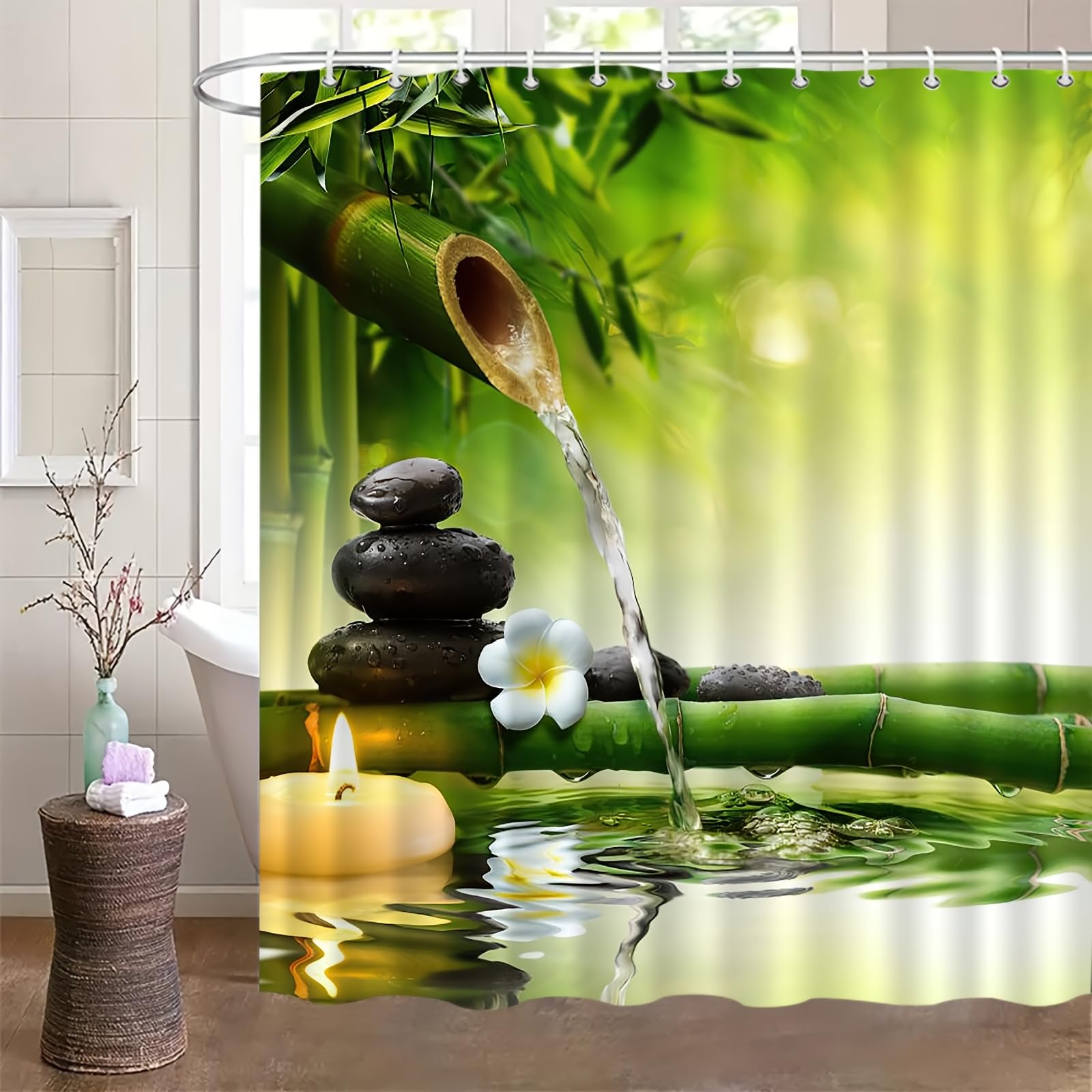 1 pièce 180x220CM Motif Bambou imprimé Rideau de Douche avec Crochets, en Polyester, pour fenêtres et Murs, Baignoire, Salle de Bain, Lavable en Machine, Toutes Saisons.