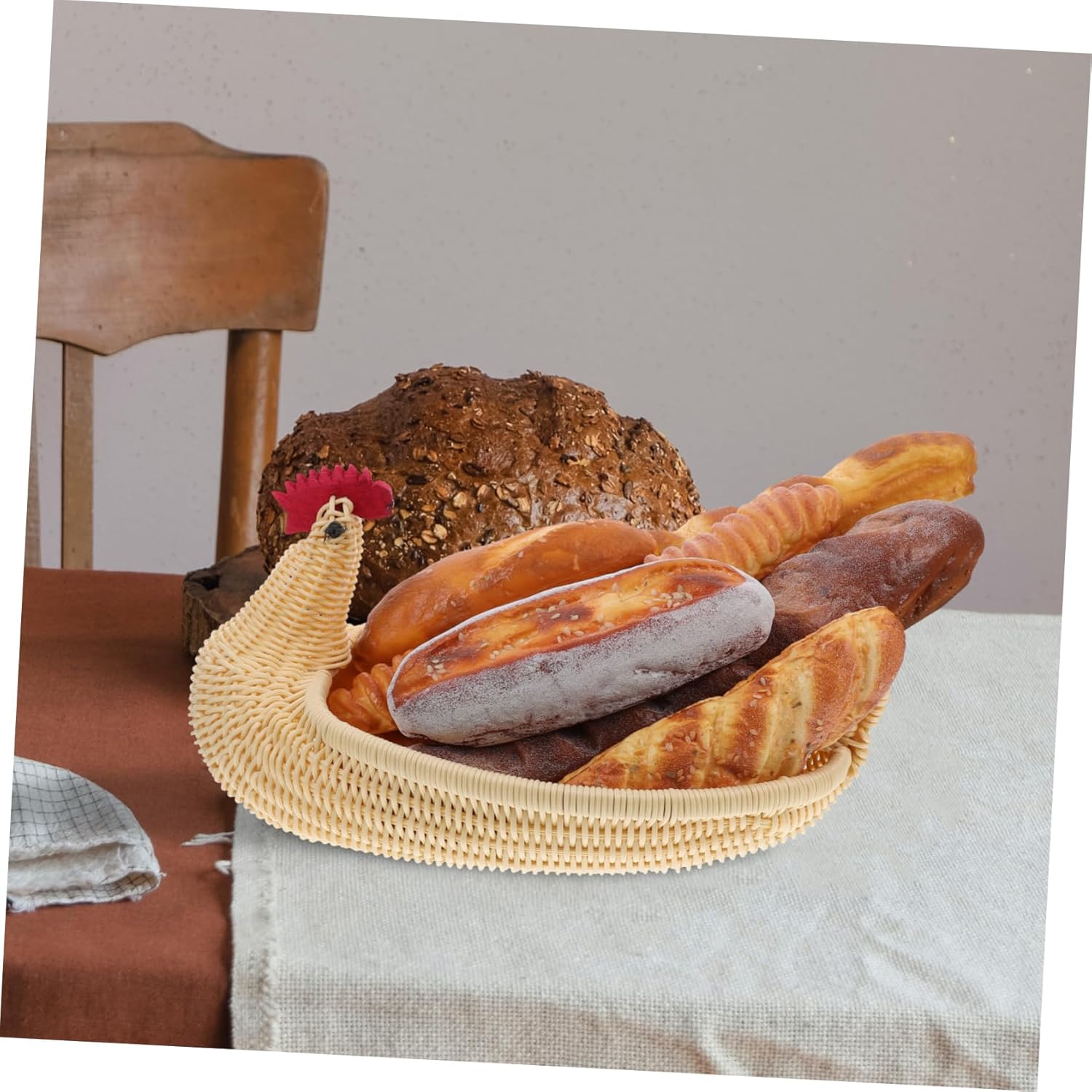 ORFOFE Woven Fruit and Snack Basket for Kitchen Counter Multipurpose Rooster Decor Large Chicken Egg Holder and Bread Storage Fine Craftsmanship Minimalist Design