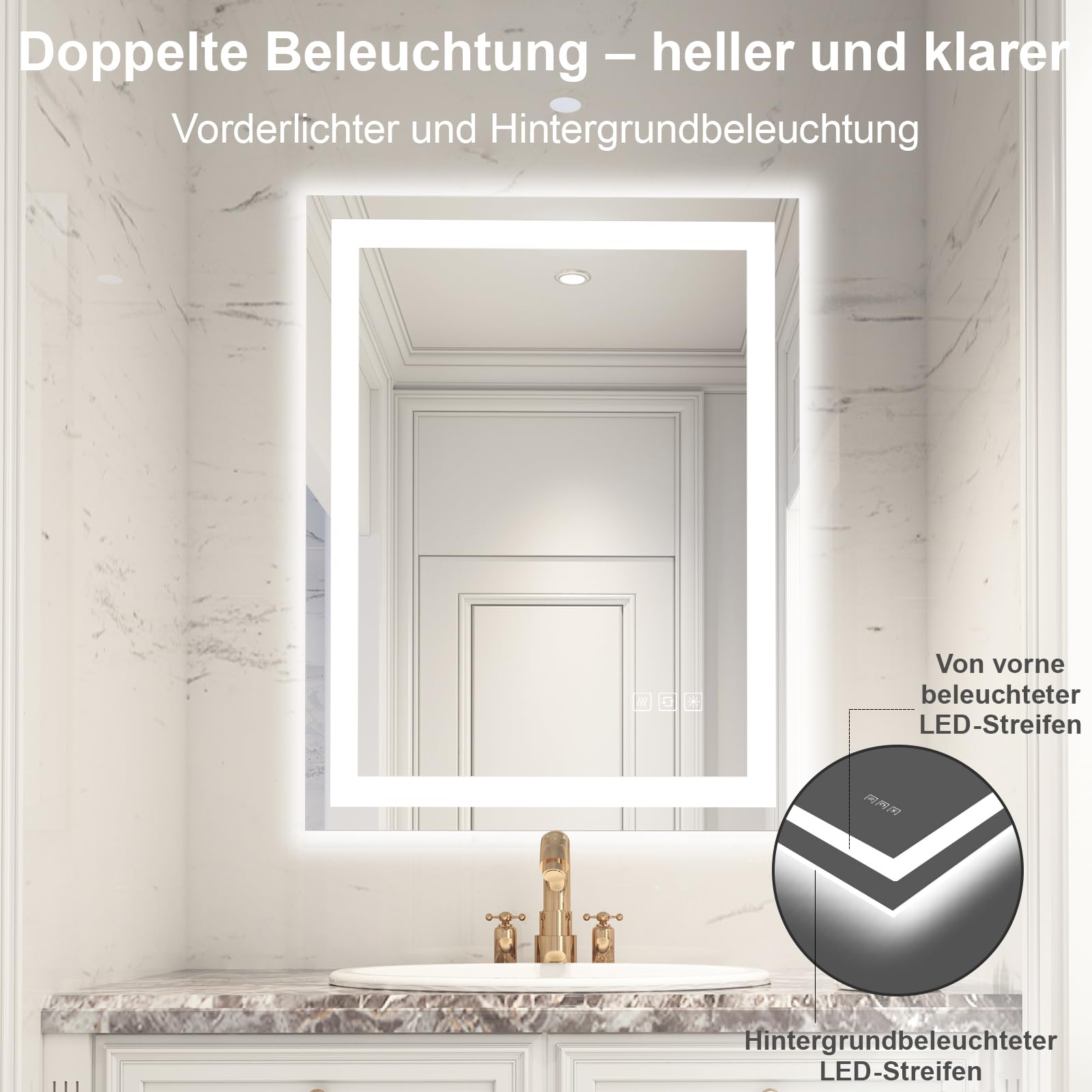 TRGCJGH Specchio da Bagno A LED A Parete Specchio da Bagno A LED Specchio Retroilluminato A Parete con Luci Controllo Separato Antiappannamento,Whitelight-90 * 70cm