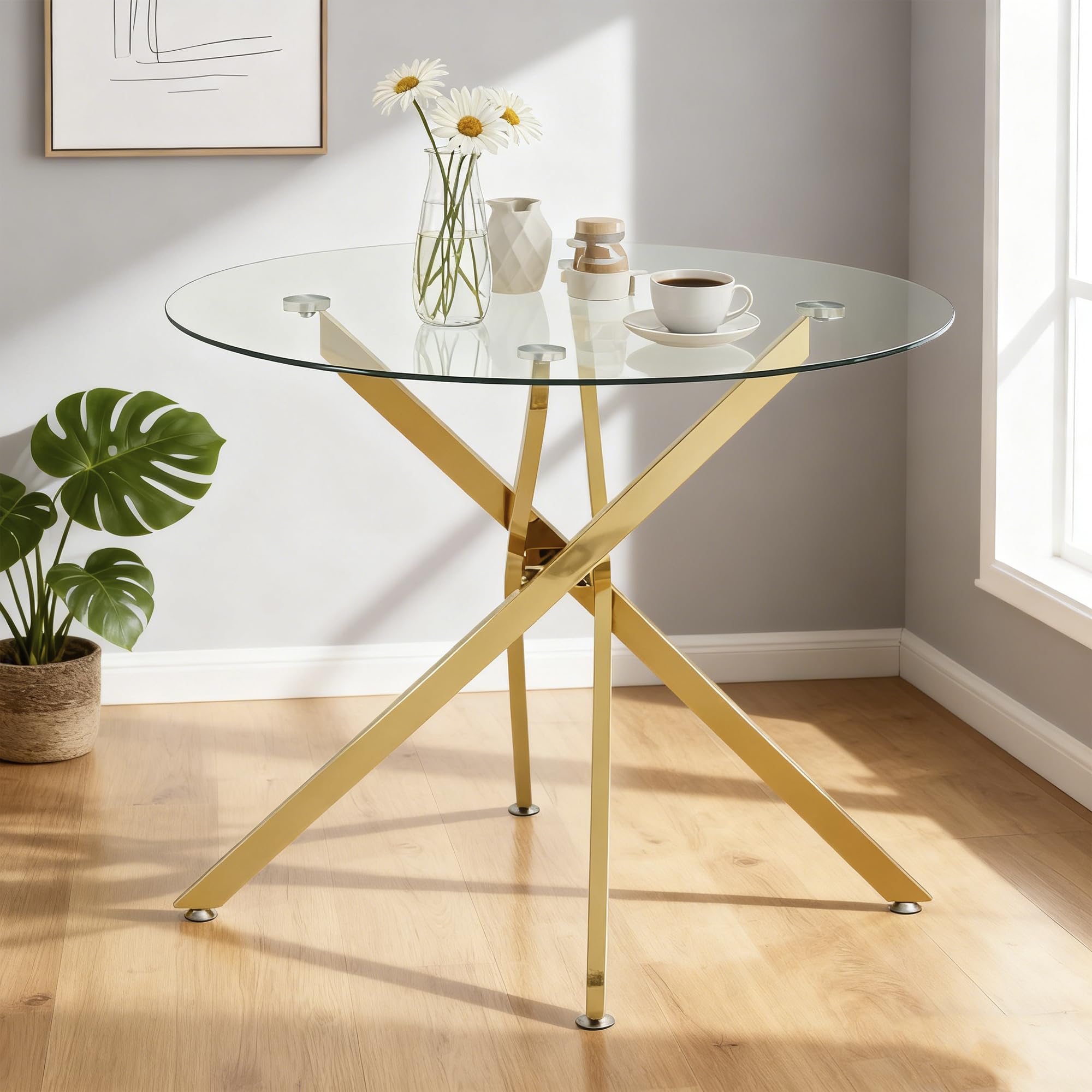 Table à manger ronde 80 x 80 x 76 cm - Table en verre avec plateau en verre trempé et pieds en métal doré - Table de salle à manger moderne pour 2 à 4 personnes - Table de cuisine au design