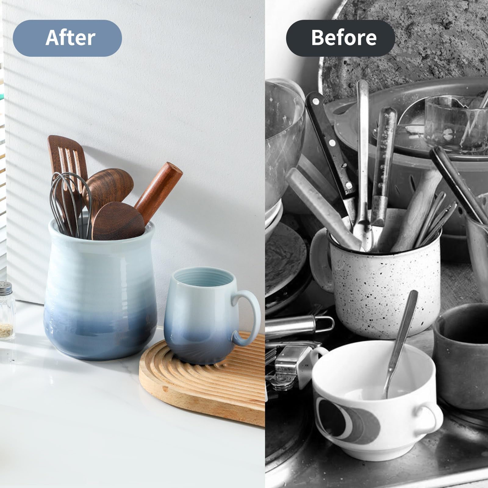 Hasense Ceramic Utensil Holder Set Of 2 - 7.4" & 5.5" Crocks, Blue, Farmhouse Countertop Organizer For Spatulas & Whisks