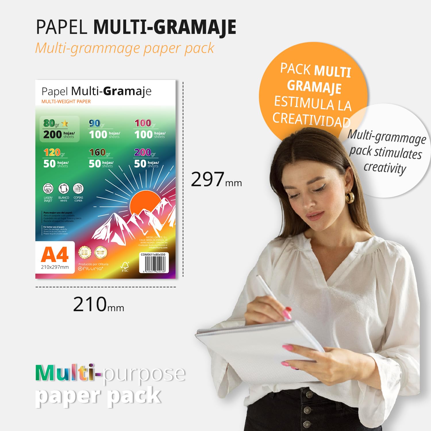 Feuilles A4, Papier Multi-Gramaje pour Imprimante, Écriture, Dessin ou Bricolage, Feuilles Blanches, Papier A4 pour Usage Domestique, Scolaire ou Professionnel - Ofituria (paquet 160g+)