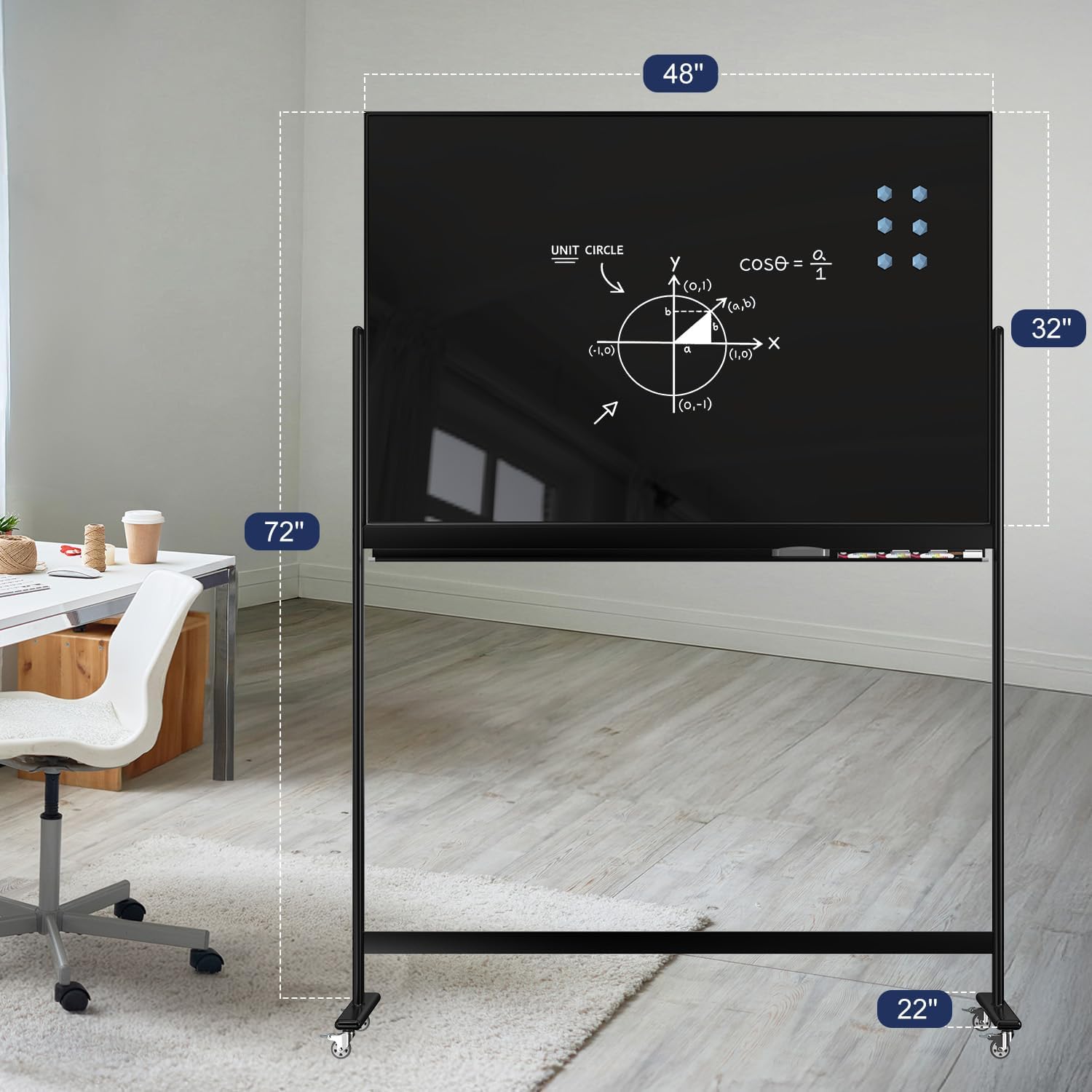Tankee Rolling Whiteboard, 48x32 Inches Black Magnetic Glass Dry Erase Board with Stand, Standing White Board on Wheels, Large Glass Mobile Whiteboard for Office School Classroom Home