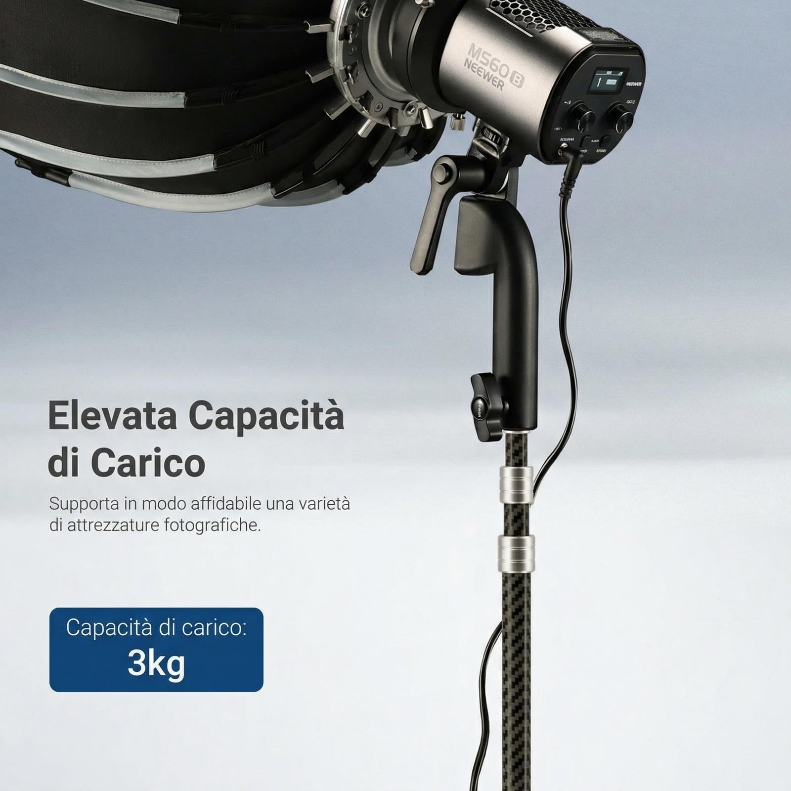 NEEWER Treppiede Luce in Fibra Carbonio con Gambe Reversibili, Stativo Luci Fotografiche Portatile Leggero 89-260cm per Strobo Softbox Ring Light Action Cam DSLR per Streaming Video, Max 3kg, ST260C