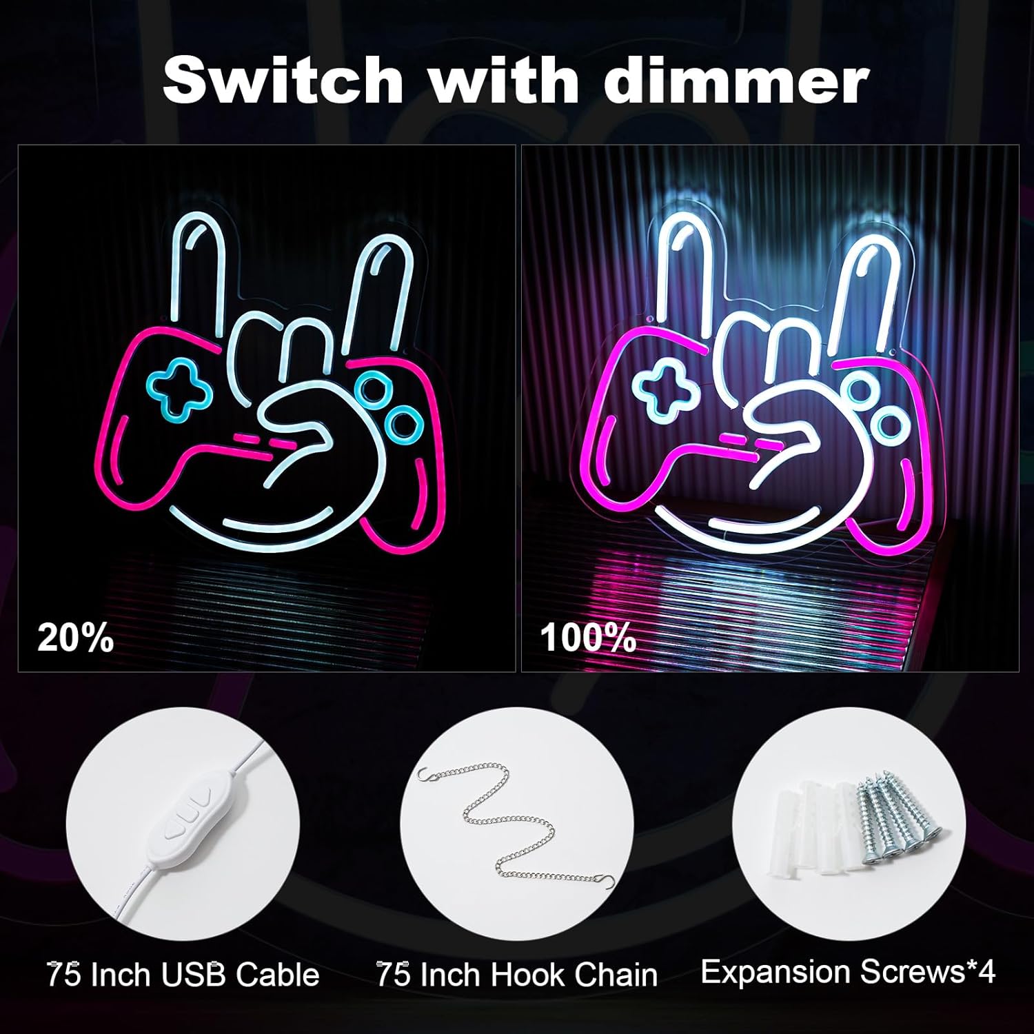 Gamer LED Neon Sign for Wall Decoration Lightness Controllable neon Light for Man cave Decor, Christmas Ornament, Party and Game Room 5v USB Power