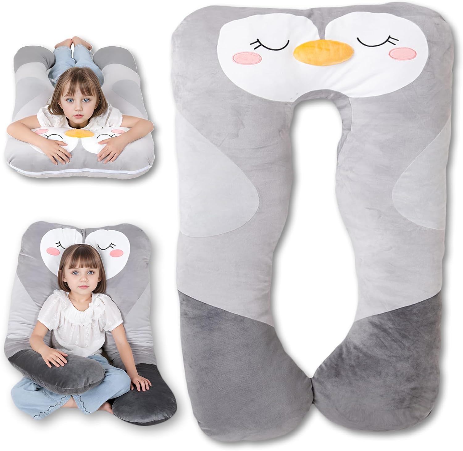 47x23 inch U Shaped Long Plush Body Pillows for Kids, Stuffed Animal Penguin Soft Large Pillow for Sleeping, Big Cute Plushies, Washable Cover, Gift for Boys and Girls