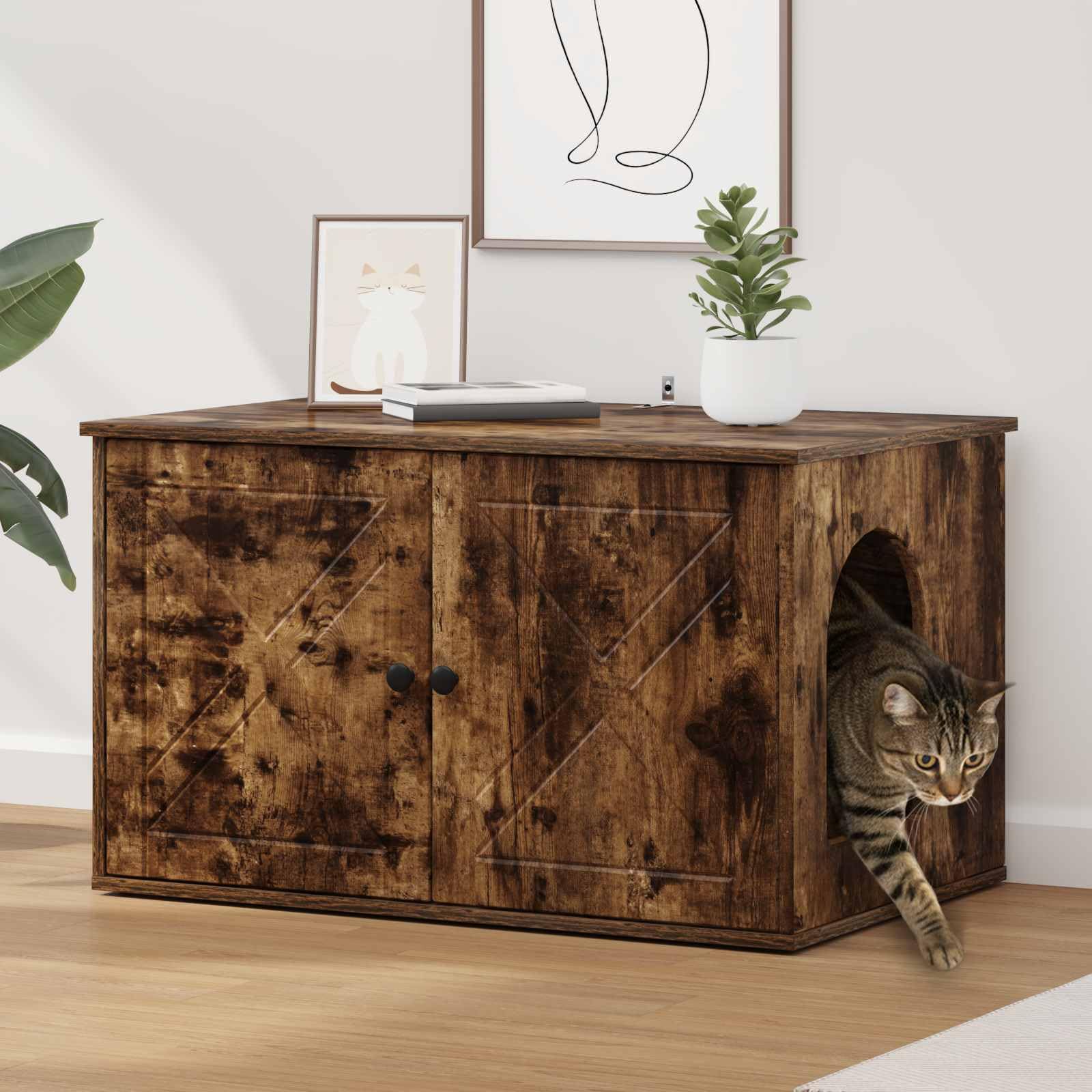 Niche pour chat design chêne fumé abri luxueux en bois d'ingénierie