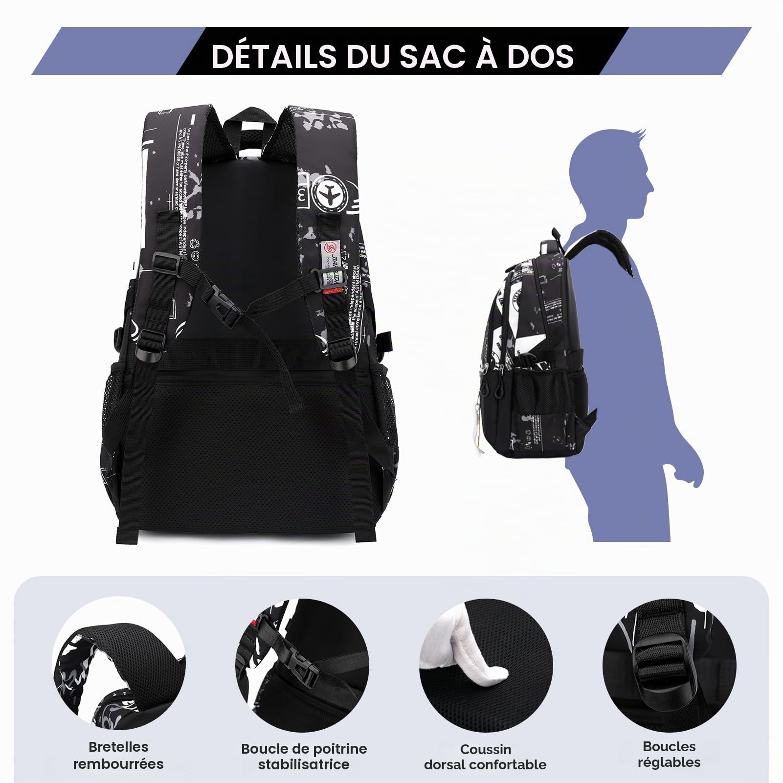Amythe Sac à Dos pour Garçons Cartable Primaire College, Sac Ecole Tendance Léger pour les Adolescents pour 9-18ans, Sac D'école Grande Capacité Convient pour le Trolley, Noir