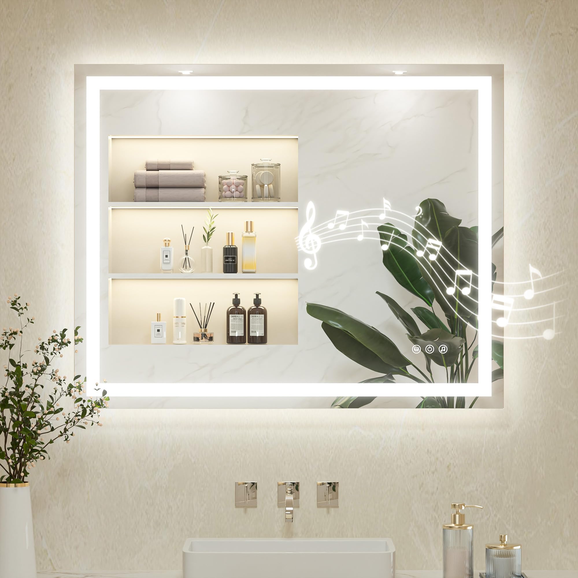 Keonjinn 100x80cm Bluetooth Bathroom Mirror with LED Lights, Antifog Vanity Mirror with Lights Back and Front Lit 3 Colour Dimmable Illuminated Wall Mounted Rectangle Digital Mirrors