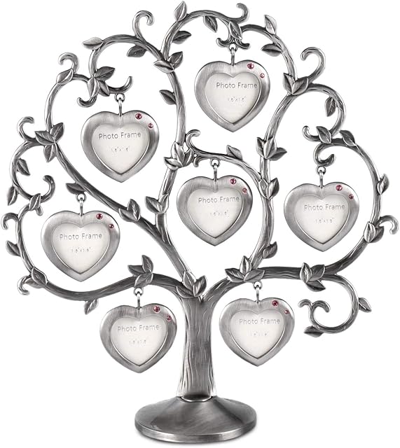 LASODY Antique Silver Family Tree With 7 Hanging Picture Frames Metal Tabletop Photo Frame Home Decoration Ornaments