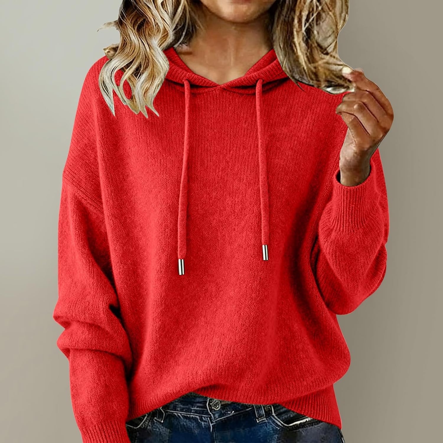 Heevina Sweaters for Women Hoodie Solid Color Drawstring Hooded Sweatshirts Warm Sweater Long Sleeve Jumpers Winter