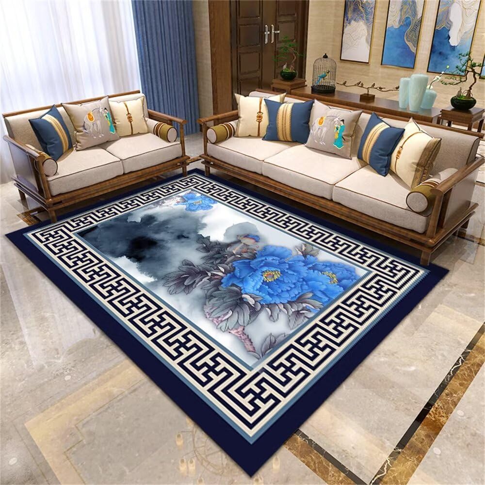 Tapis salon grande taille bleu 200x300 cm rectangulaire fleurs