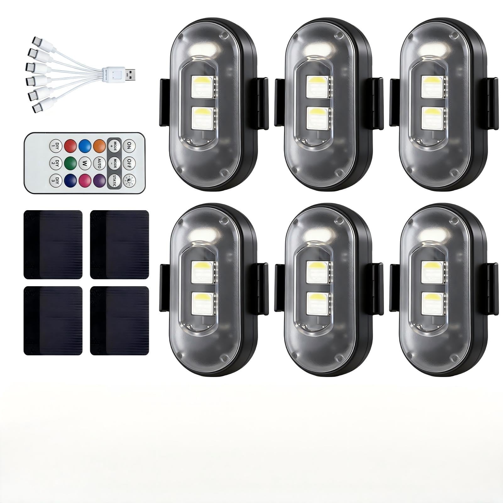 6 Piezas Luces Led Coche, 8 Colores Luces Estroboscópicas LED con Mando a Distancia, Luz Estroboscópica Impermeables, Carga USB Lampada Stroboscopica Led para Dron Camión Motocicleta Bicicleta