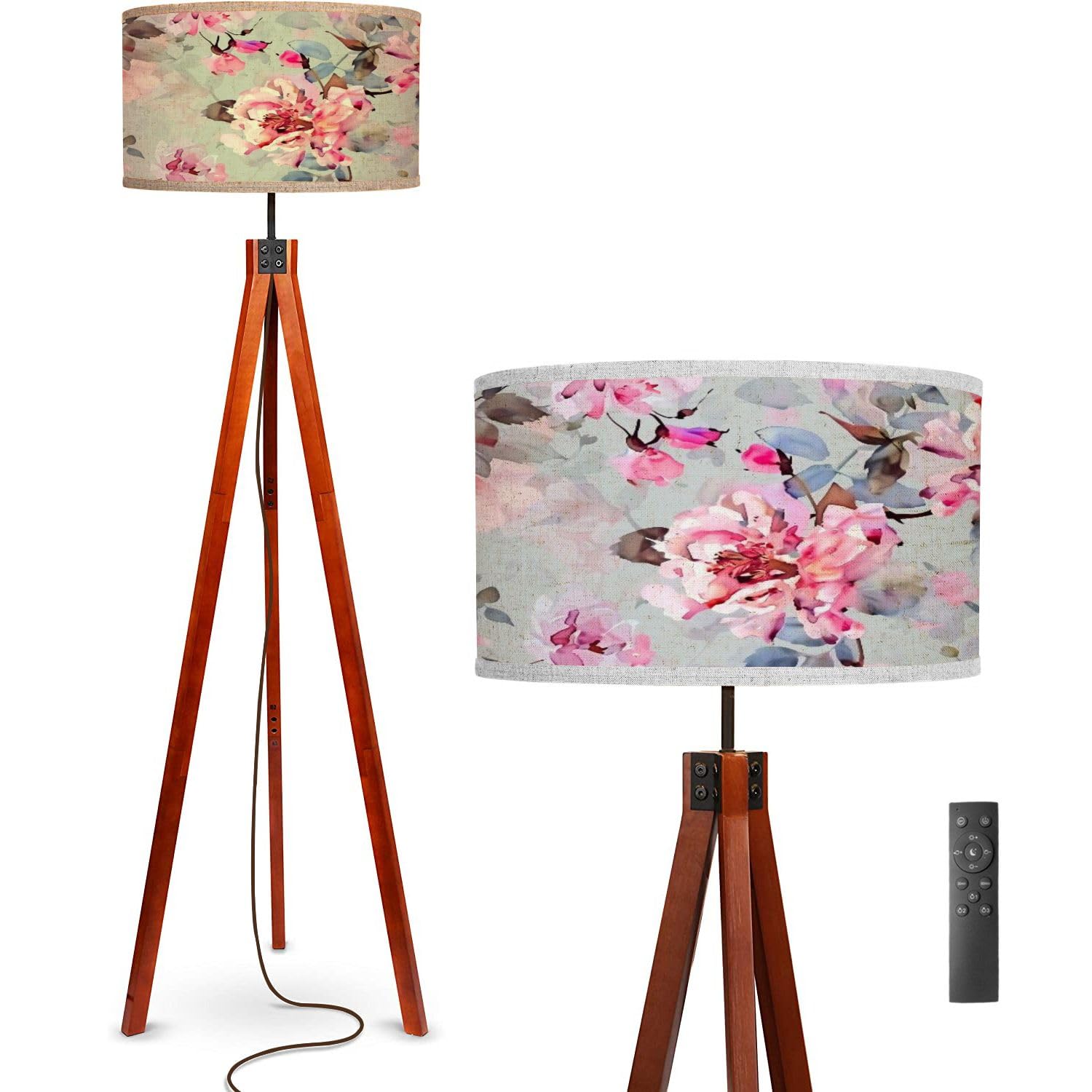 Floor Lamp Rose seamless pattern watercolor white Designed for fabric vintage Standing Lamp Solid Wood Legs Modern Tall Lamp Tripod Floor Lamp with Flaxen Shade for Living Room, Bedroom, Office