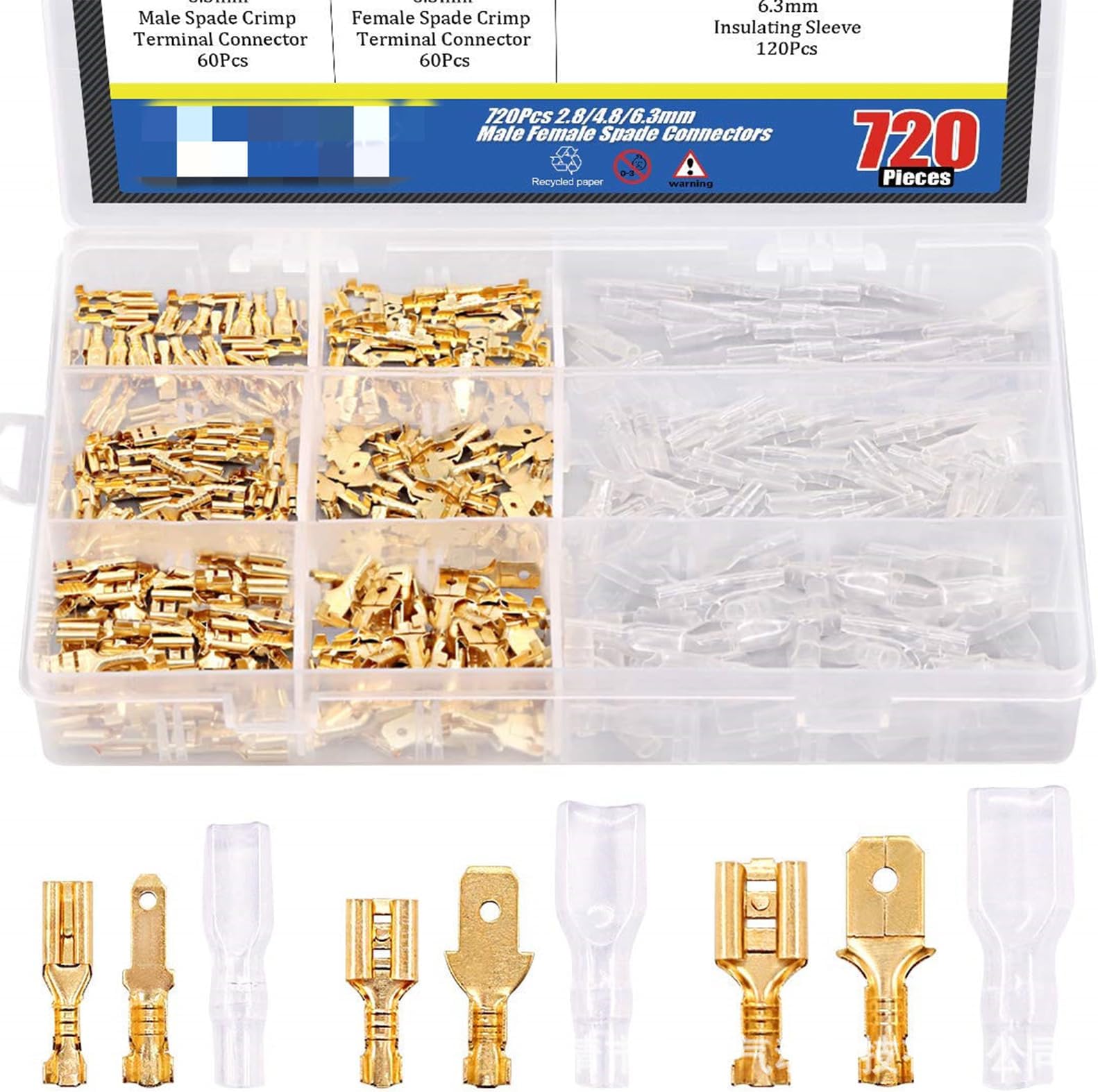 Joyzzz Electrical Connector Terminal, 720PCS 2.8mm 4.8mm 6.3mm Male and Female Wire Spade Connector and Insulating Sleeve Assortment Kit Copper Wire Crimp Terminal Block with Nylon Sleeve Set for Car