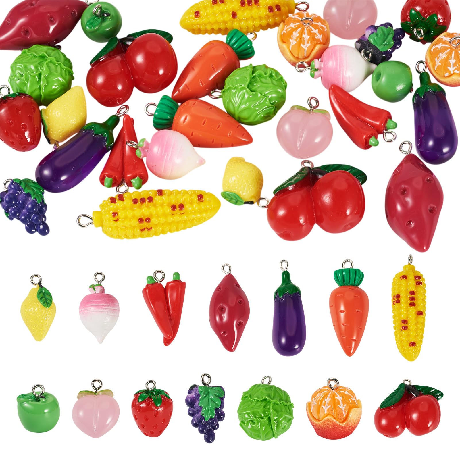 Boutigem 28Pcs 3D Resin Vegetable Fruit Pendants Carrot Corn Eggplant Pepper Strawberry Lemon Peach Charms with Platinum Loops 15-41mm for DIY Keychain Necklace Jewelry Making