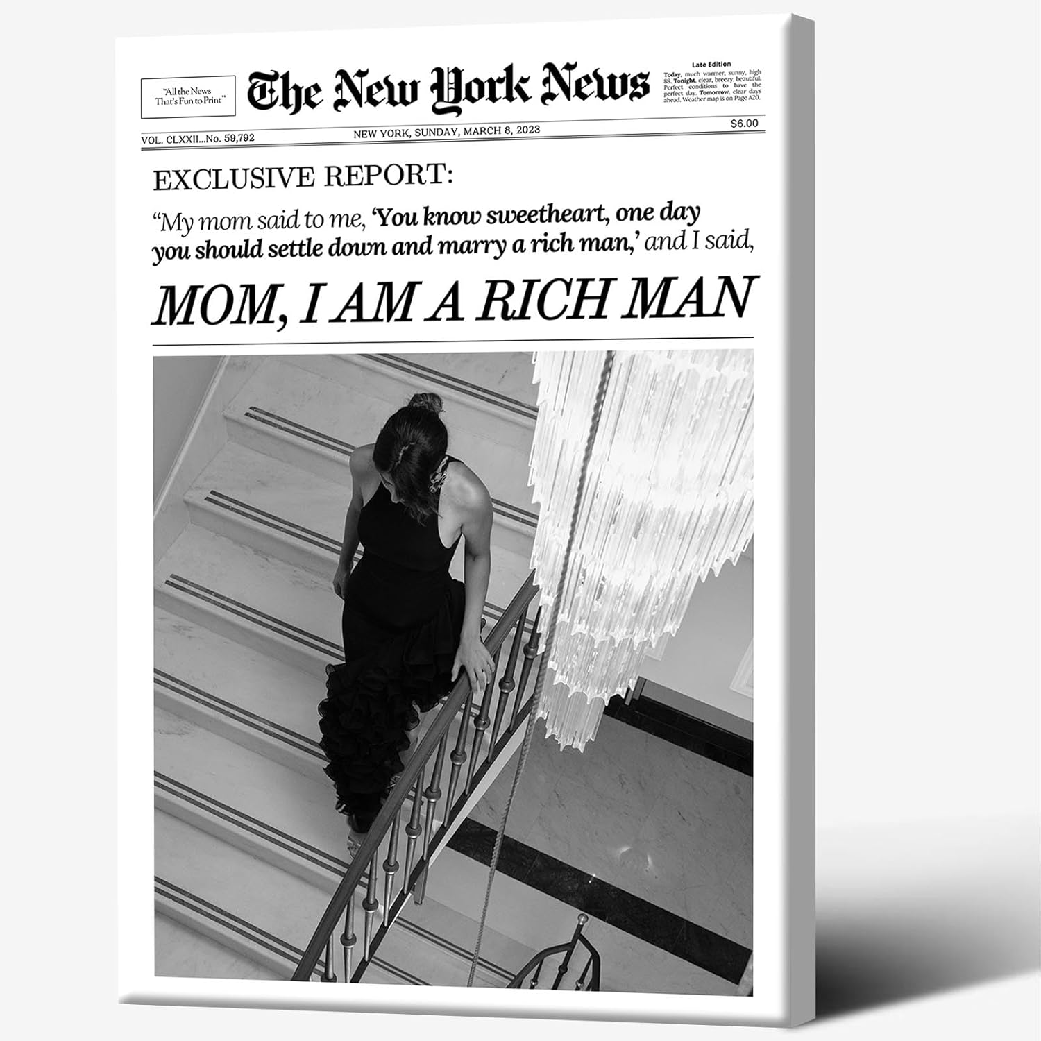 FBKDVC Trendy Black And White Newspaper Canvas Wall Art Poster Mom I Am A Rich Man Funky Girl Aesthetic Preppy Print News Girly Retro Wall Decor For Bar Cart Girls Dorm 16x24in Framed