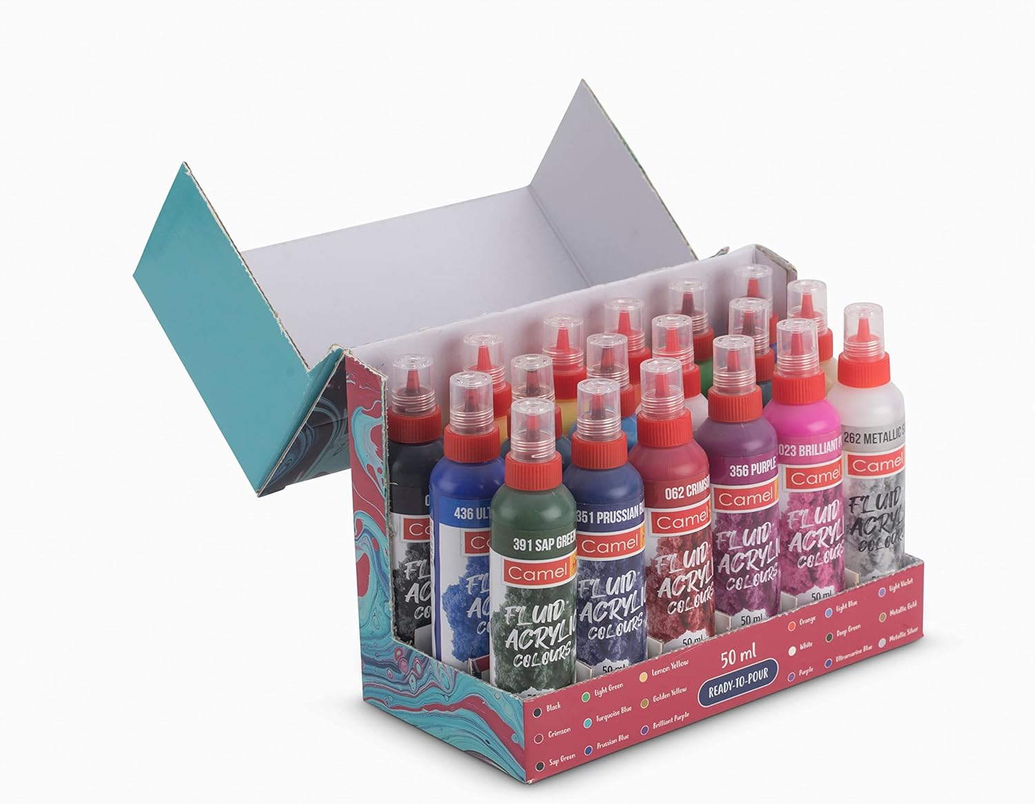 Camel Fluid Acrylic Colours - Assorted18 Shades Bottles (50ml Each) by Anmol Art & Frames