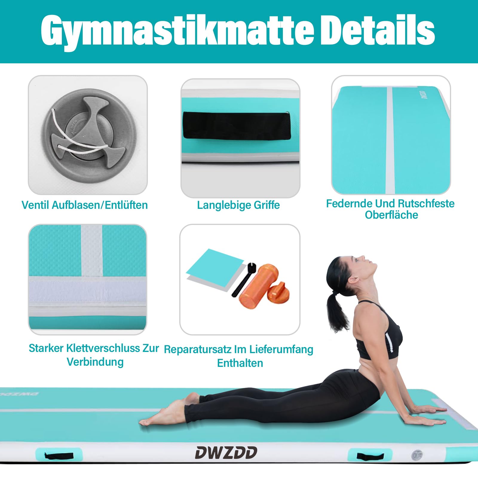 Dwzdd Gymnastics Air Matte Track, Tapis de gymnastique 3 m/4 m/5 m/6 m pour enfants, Piste de tumbling gonflable pour la maison/salle de sport/entraînement/cheerleading/eau