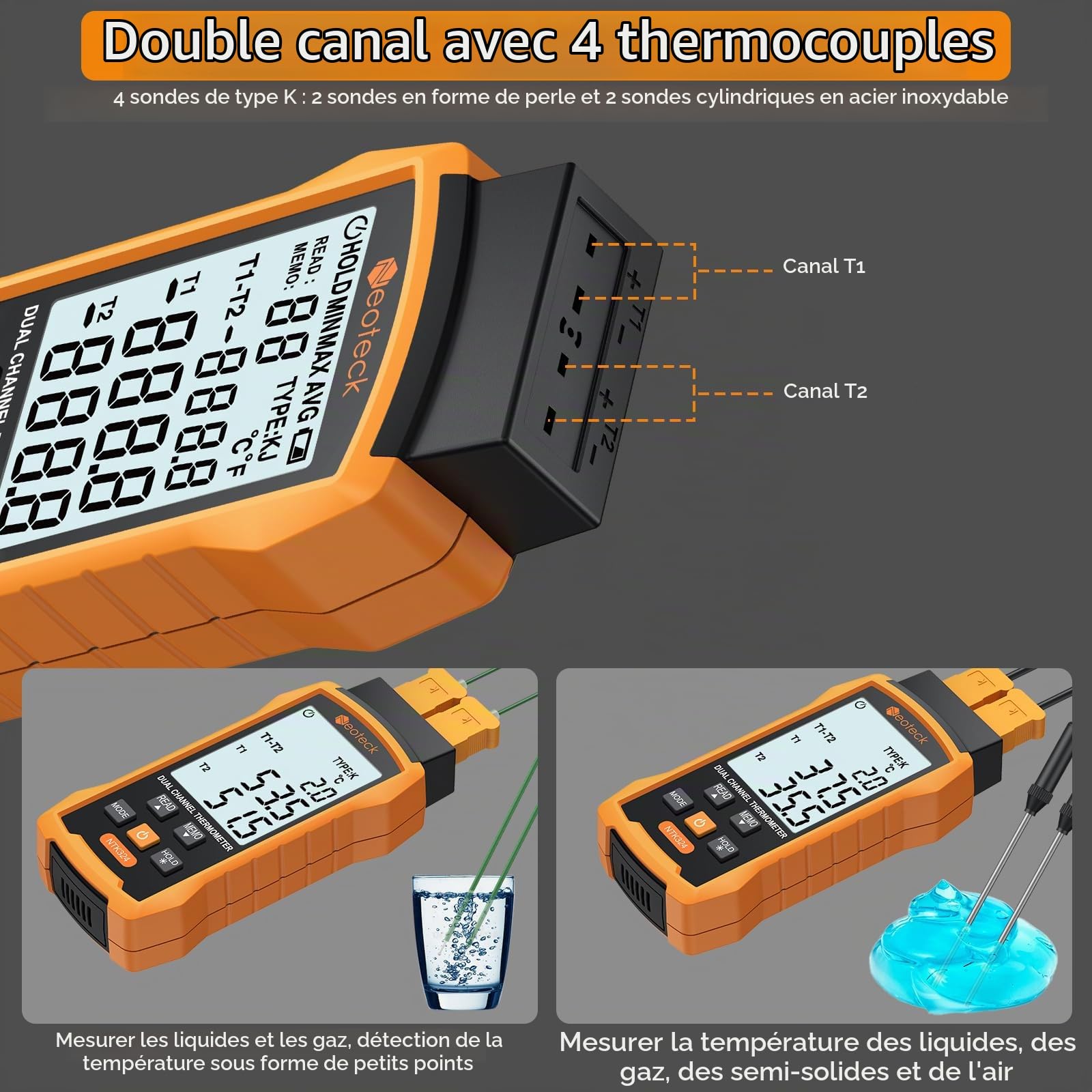 Neoteck Thermomètre Thermocouple Numérique Type K J 2 Canaux -50~1300℃ Haute Précision avec 4 Sondes et Stockage 99 Données, Écran LCD Rétroéclairé pour HVAC Industriel Laboratoire Four Réfrigérateur