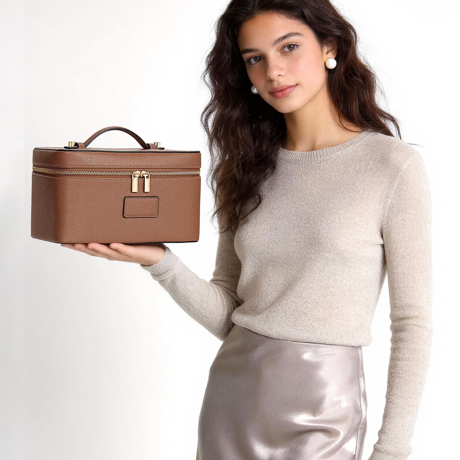 Trousse de maquillage en cuir pour femme - Grande trousse de toilette de voyage étanche avec organiseur de qualité supérieure, jaune, Trousse de beauté