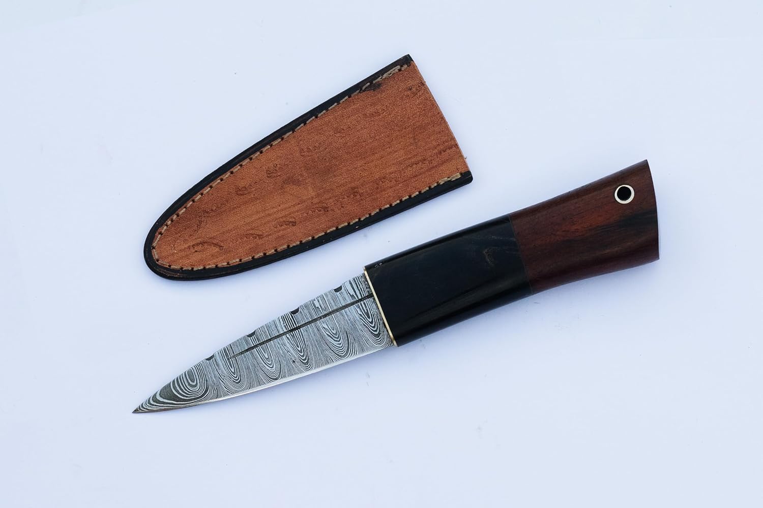 Custom Hand Forged Damascus Steel Celtic Scottish Sgian Dubh Plain Top Knife Scotland (Black & Brown)