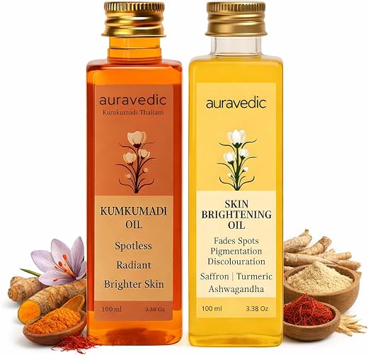 Auravedic Kumkumadi Oil For Face 100ml &amp; Ashwagandha Saffron Turmeric Pigmentation Serum100ml Kumkumadi Tailam Face Oil Bo...