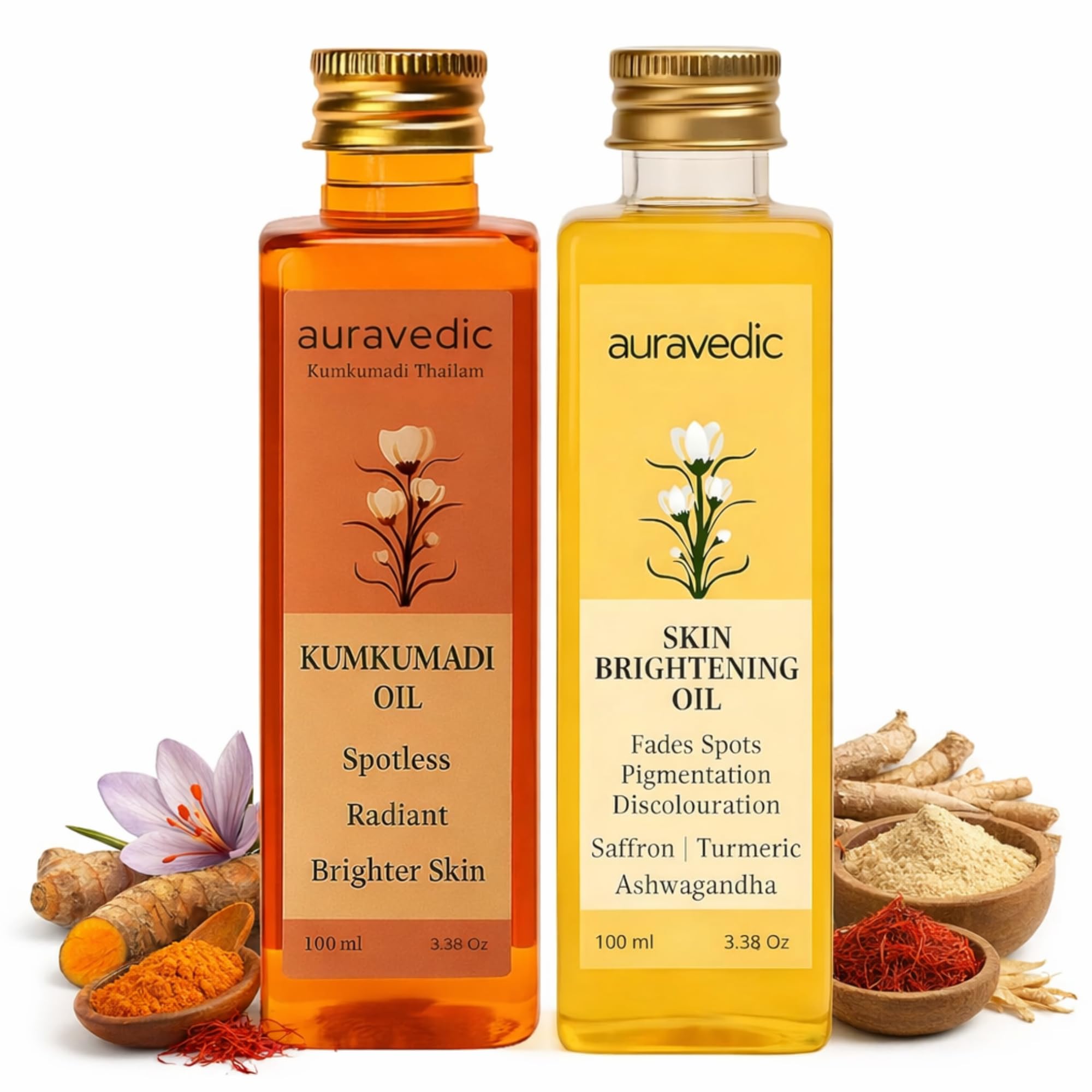 Kumkumadi Oil & Skin Oil Combo | Saffron, Turmeric and Winter Cherry Infused Face Moisturizer | Hydrating & Moisturizing | for All Skin Types | 3.38Fl Oz (100ml)