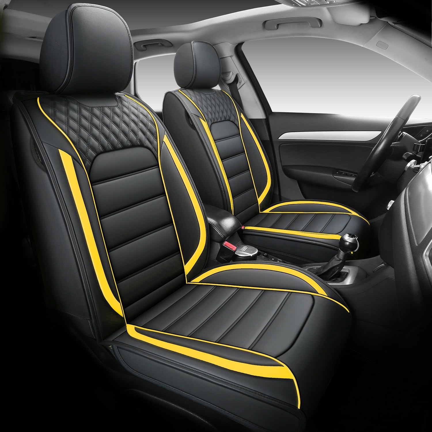 Yeleno01Leather Car Seat Covers, Faux Leather Car Seat Covers for 5-Seat Sedans and SUVs Universal Set, Airbag Compatible (Black&Yellow)