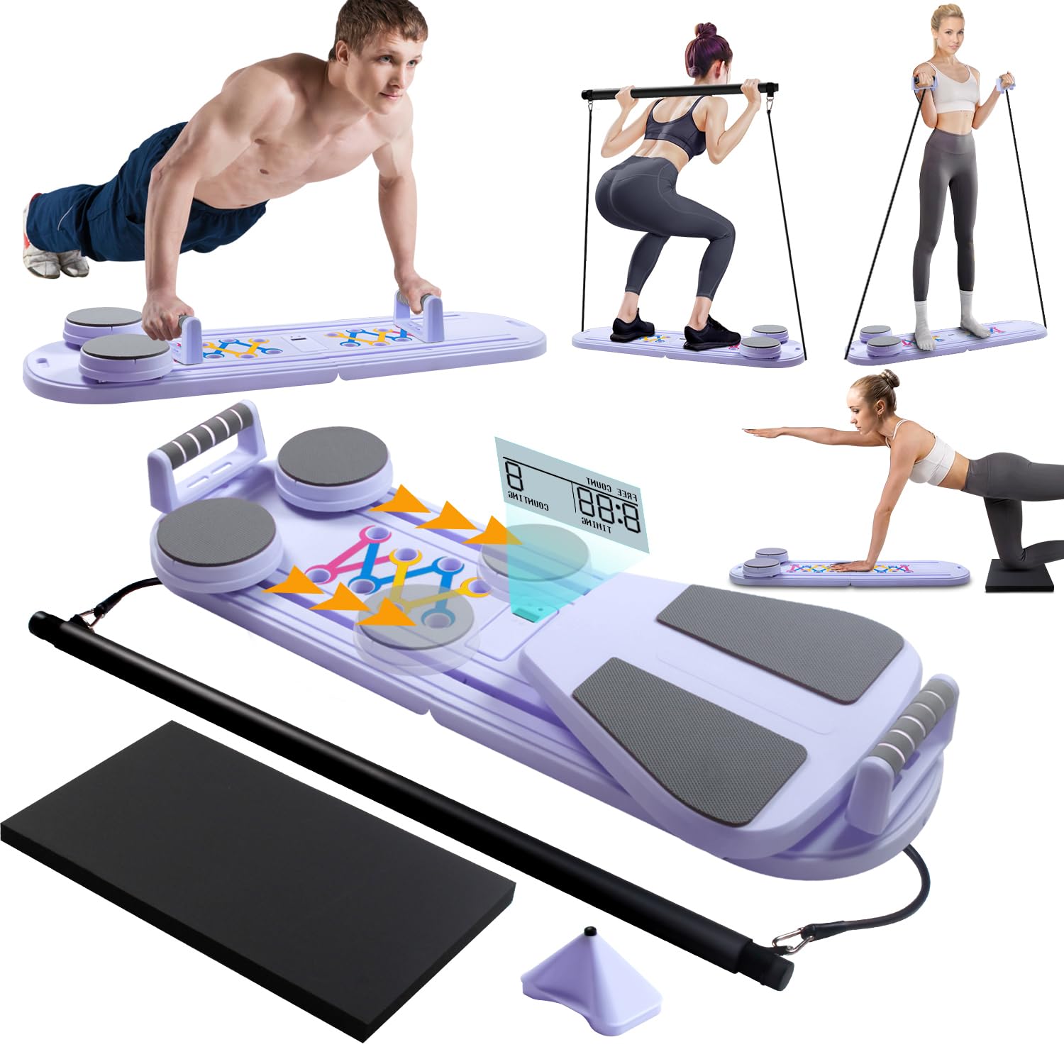 Pilates Reformer Machine for Home, Multifunctional Abdominal Board, Foldable Reformer Pilates Machine For Home Gym Equipment, Automatic Rebound Ab Roller For Women Men Fitness Equipment (Purple)