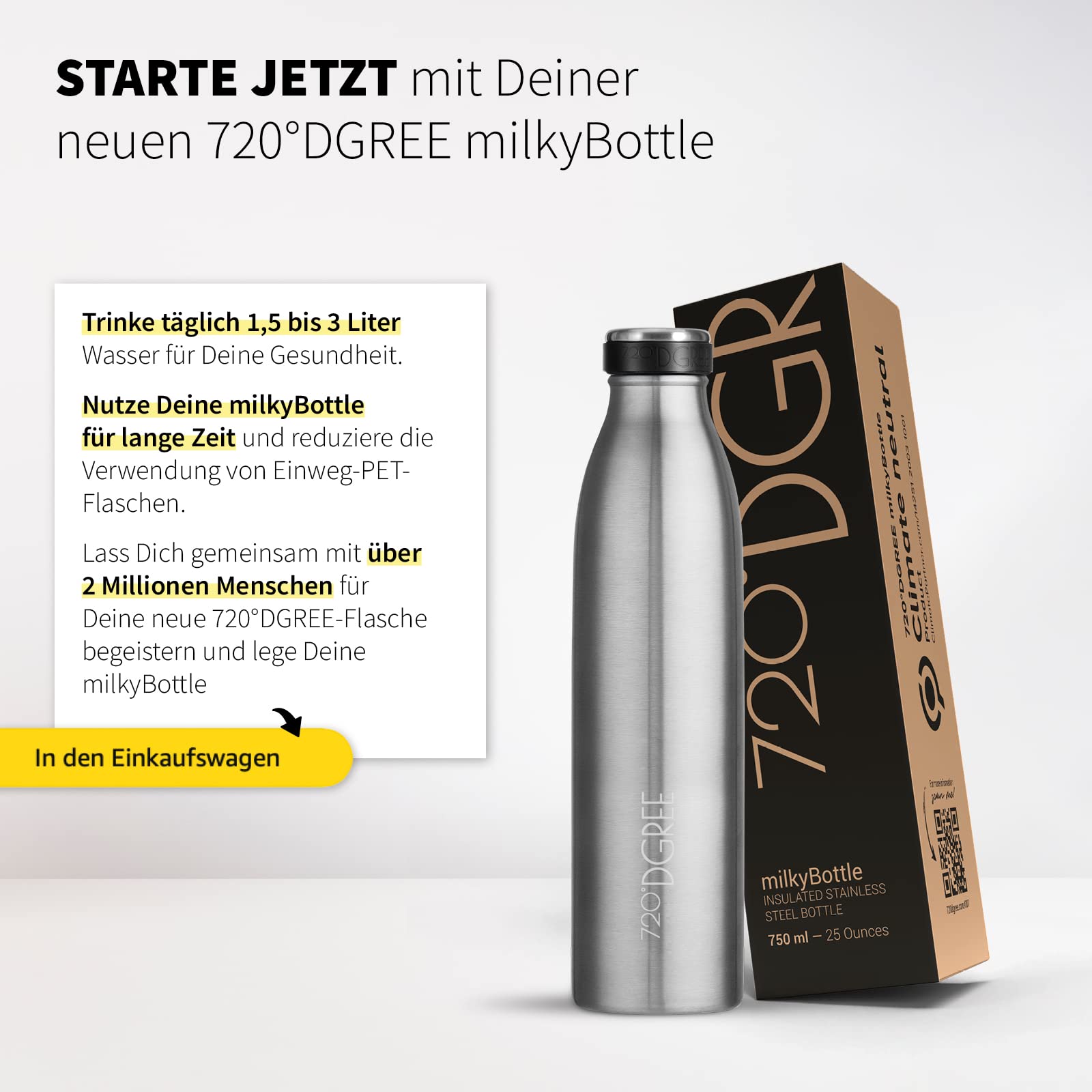 720°DGREE Edelstahl Trinkflasche “milkyBottle” - 1L - BPA-Frei, Auslaufsicher, Kohlensäure geeignet - Thermosflasche für Sprudel, Sport, Uni, Schule, Fitness, Outdoor, Camping