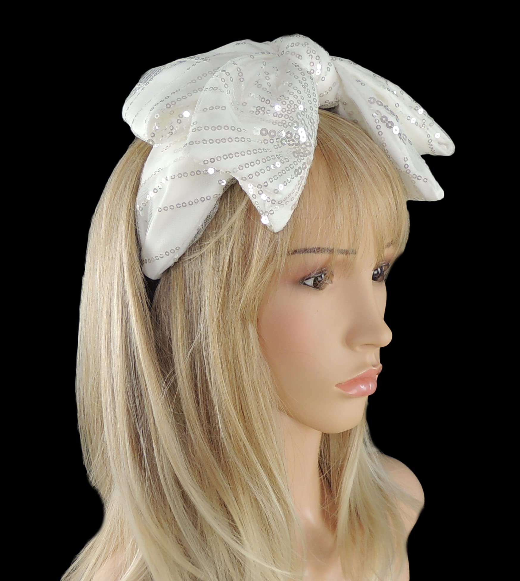 Ladies Sparkly Sequin Evening Party Big Full Bow Covered Headband Alice Band (White) - Image 2