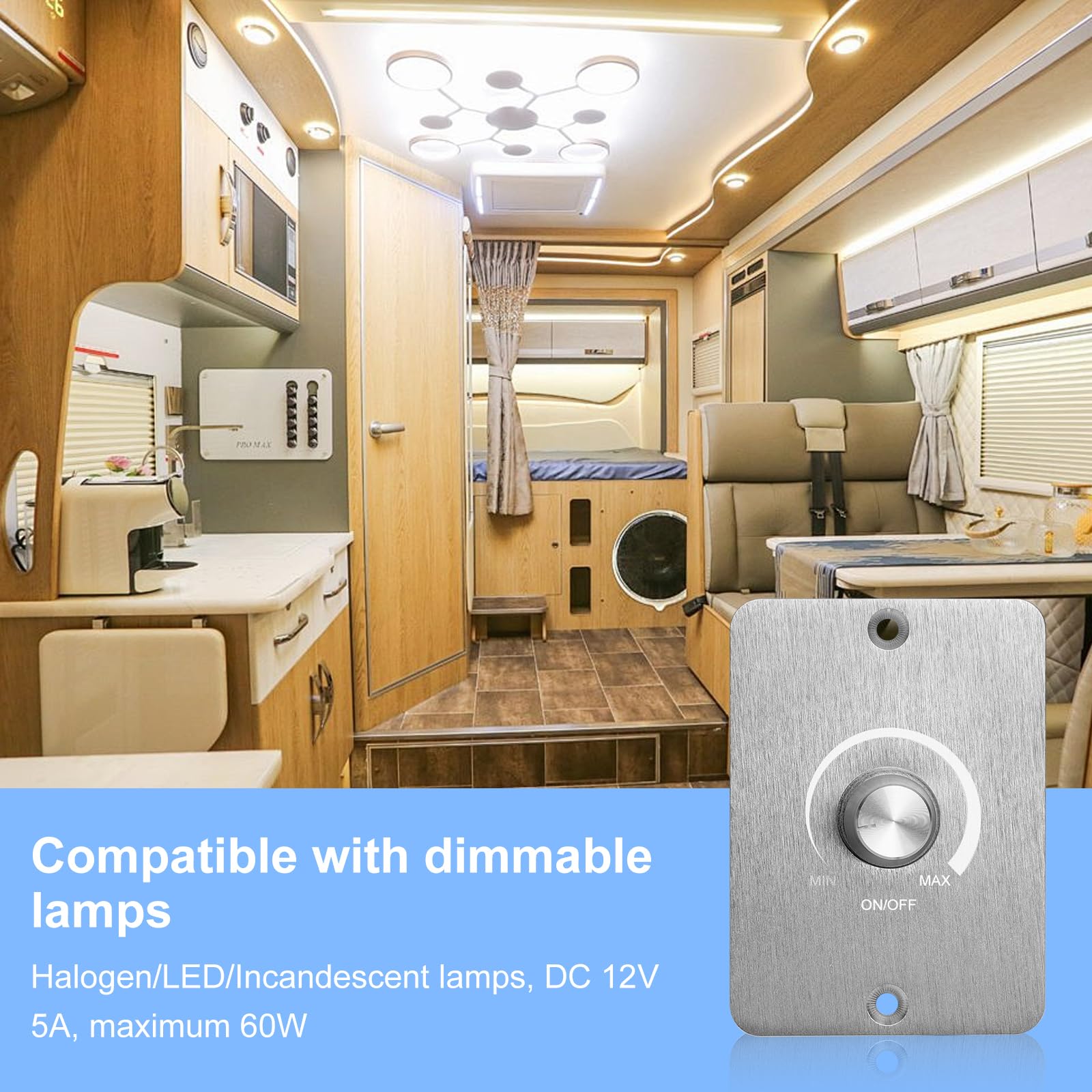 VOSSOT interruptor regulador de luz de 12 V para lámparas LED, regulador de luz de 12 V y 5 A para lámparas LED, sin parpadeos, regulable de forma continua – dimmer para iluminación de autocaravanas