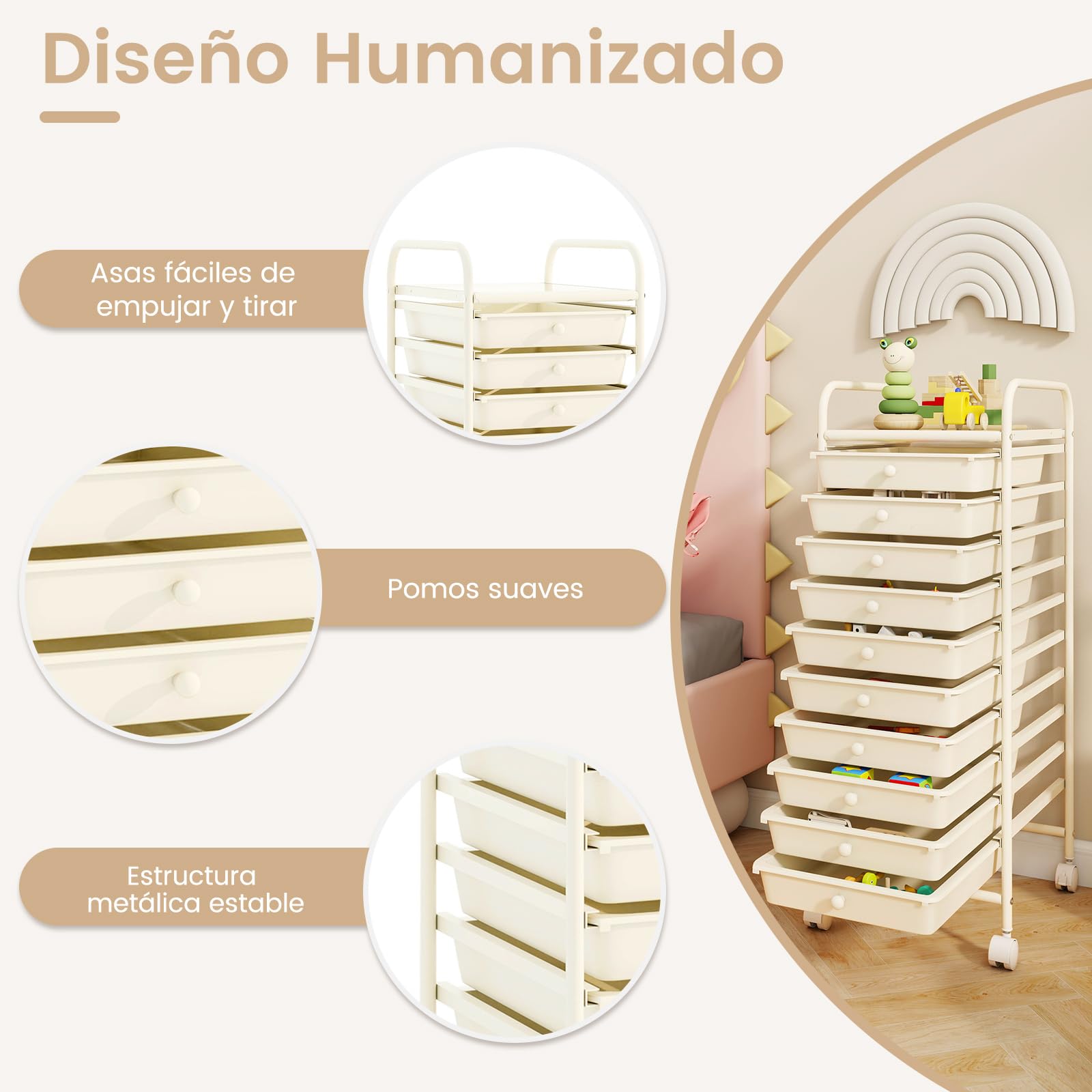 COSTWAY Estantería Baño, Carrito Auxiliar con Ruedas, Organizador Baño con Estructura de Metal, Carro Auxiliar con Cajones de Pástico Extraíbles, para Cocina, Baño, Oficina (10 Cajones, Blanco)
