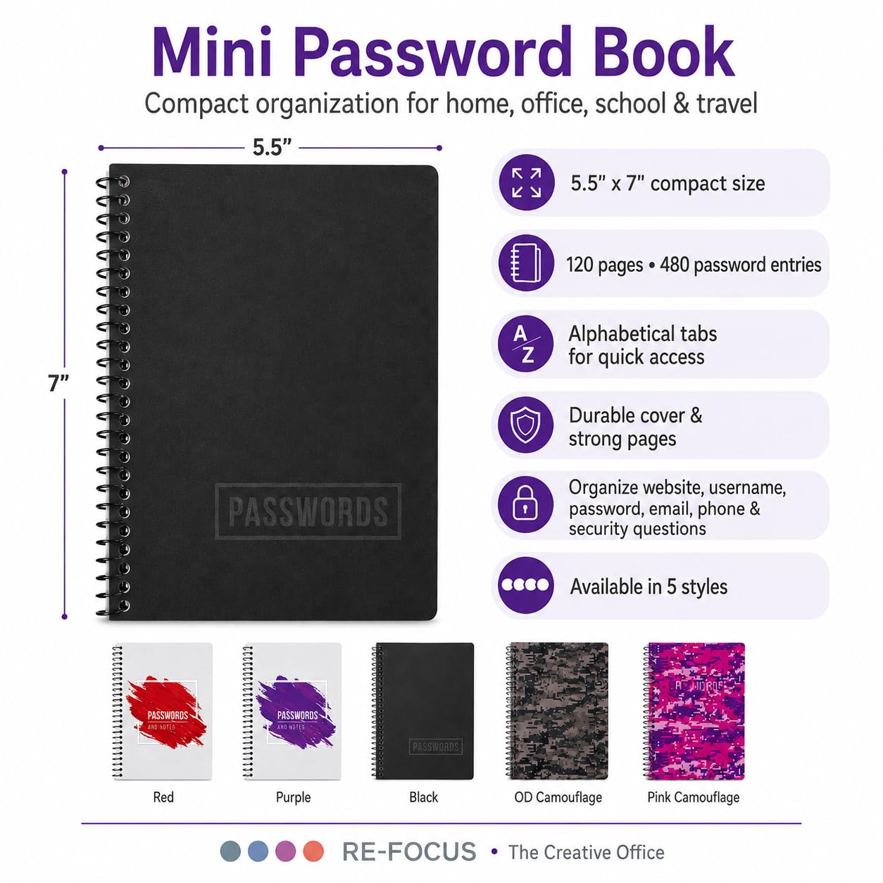 Mini-Spiral-Passwortbuch mit Alphabetiketten Schwarz