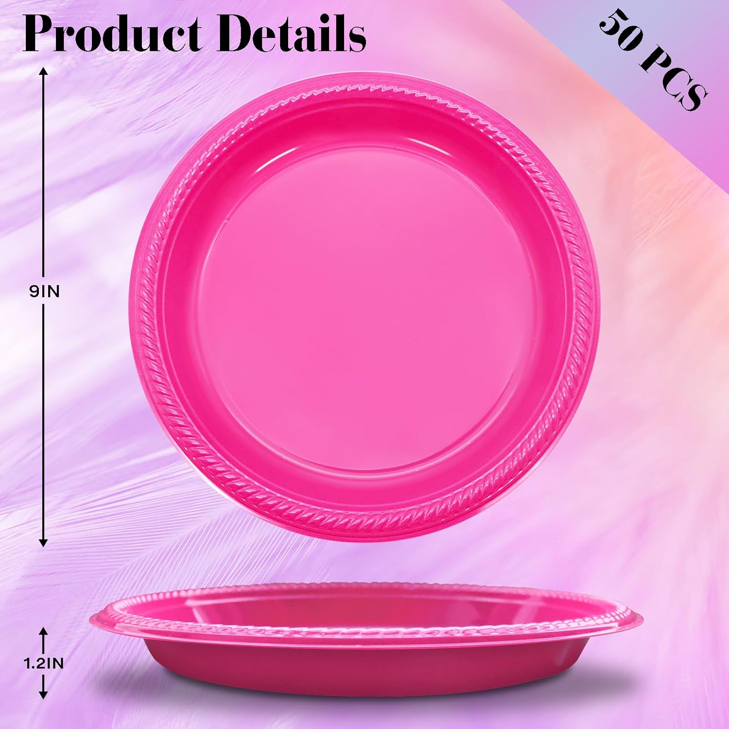 50 Count Hot Pink Plastic Plates Disposable - 9 Inch Hot Pink Heavy Duty Plastic Dinner Plates for Birthday Wedding Valentines Day Party - Image 2