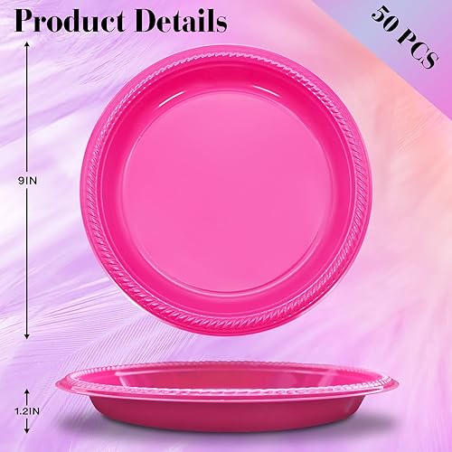 Miniatura 2 de 150 platos desechables de plástico rosa intenso, platos de plástico desechables de 9 pulgadas para fiestas, platos de plástico resistentes para el