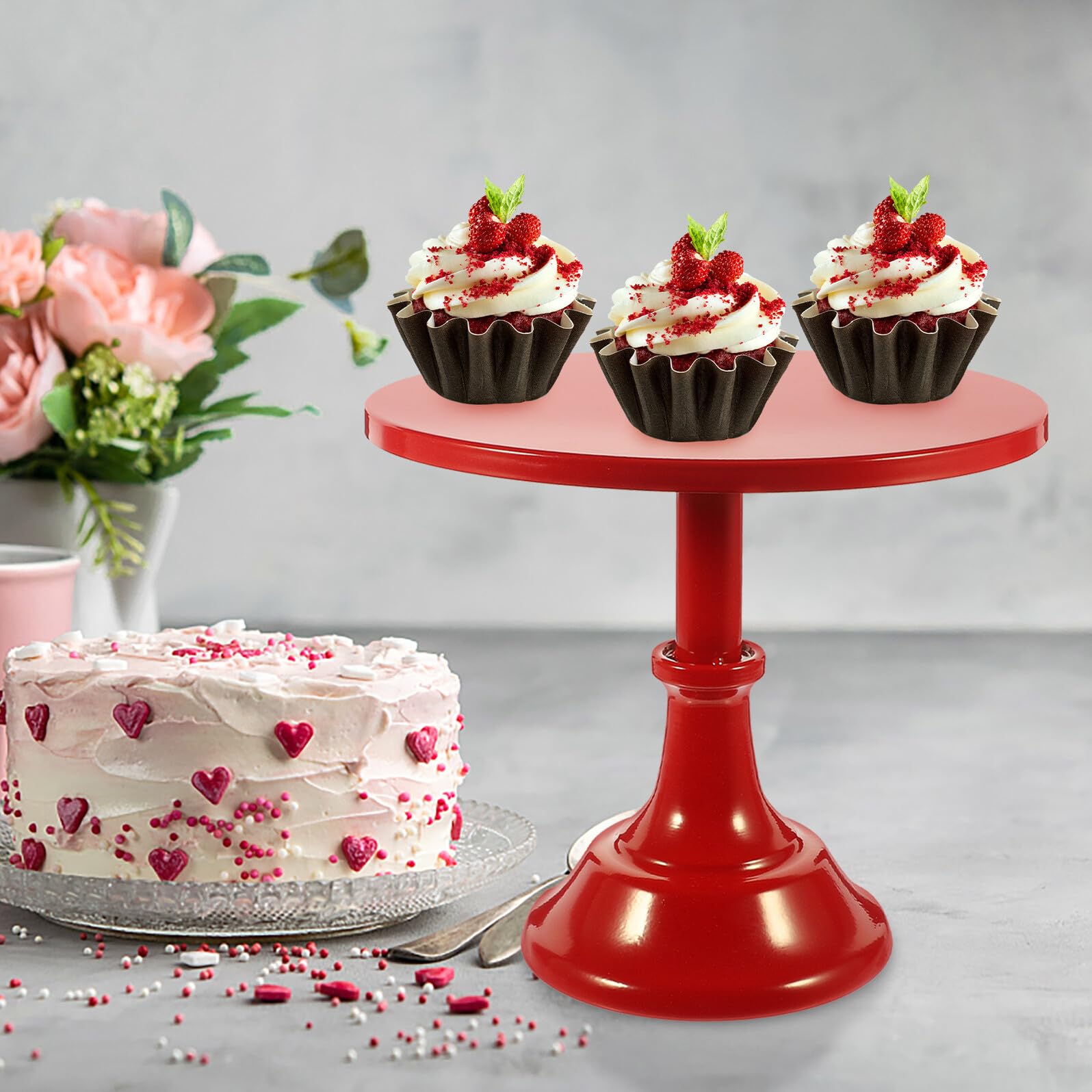 Alzata per Torta in Ferro Piatto Alto Rosso Vassoio per Dessert e Frutta Adatto a Bancarelle di Dolci e Buffet