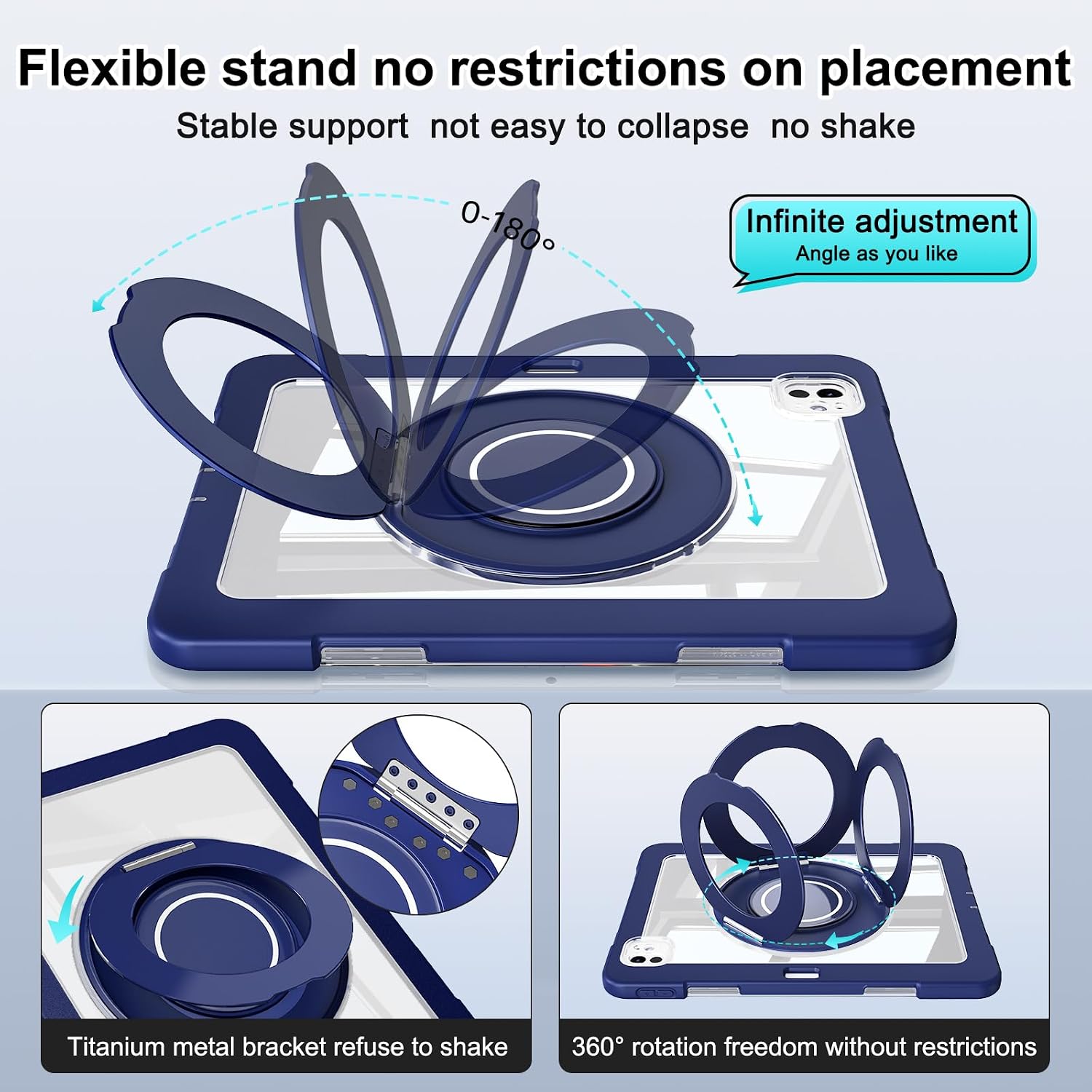 Dteck for iPad Pro 11 inch (M4/M5) 2024/2025 Release Shockproof Clear Case with Stylus Pencil Holder/Rotating Kickstand/Swivel Handle, Lightweight Protective Slim Transparent Tablet Cover, Dark Blue