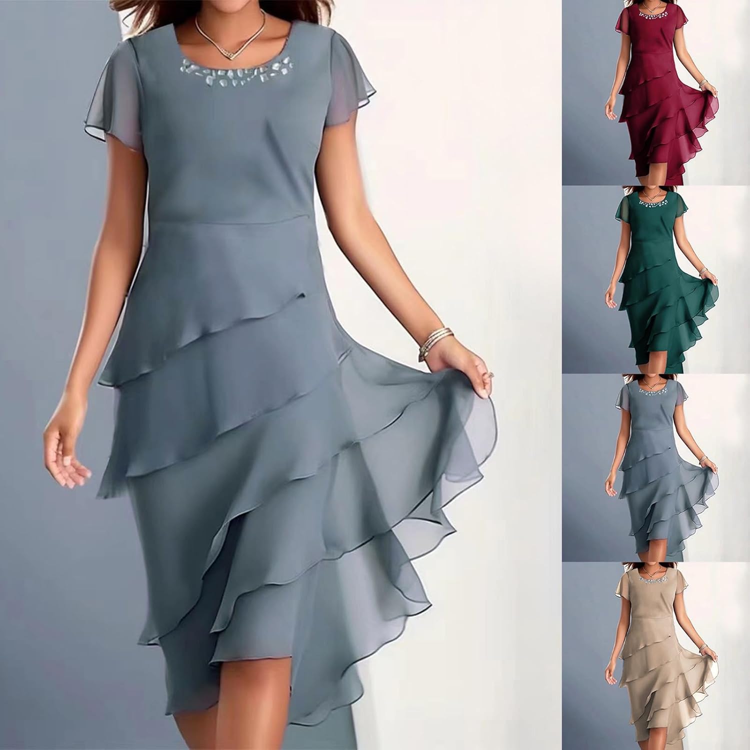 HGps8w Women's Layered Chiffon Wedding Guests Dress Summer Elegant Short Sleeve Knee Length Flowy Cocktail Dresses