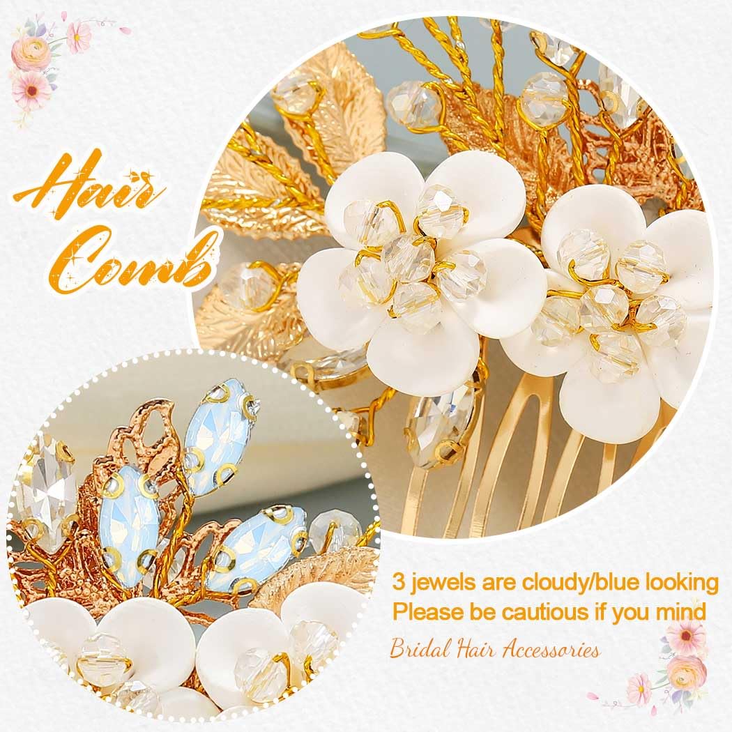 Catery Flower Bridal Hair Comb Gold Wedding Hair Clip Rhinestone Accessories for Women - Image 2