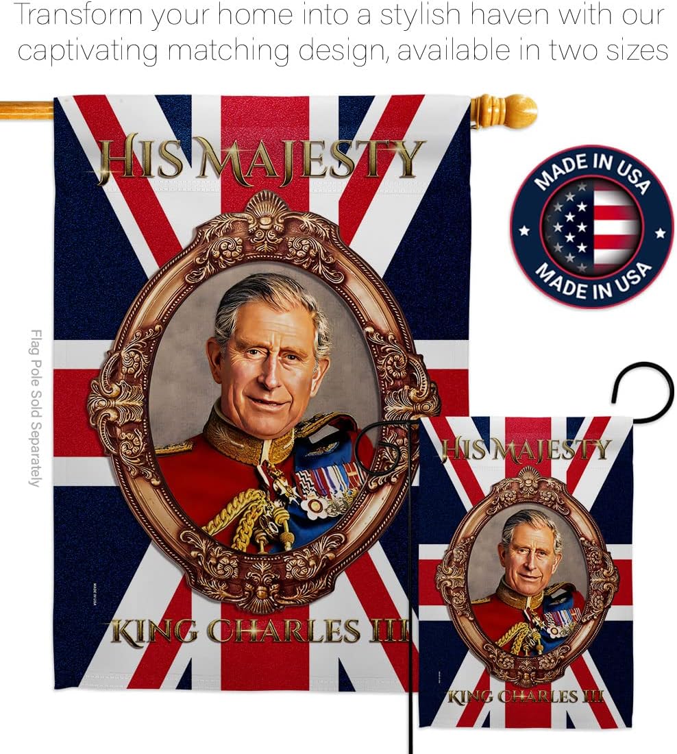 His Majesty King Charles III Tapestry Home Decor Banner Wall Art Porch Garden Flag Stand Pole Room Indoor Outdoor Coronation Party Decoration Souvenir Poster United Kingdom Memorabilia Made in USA